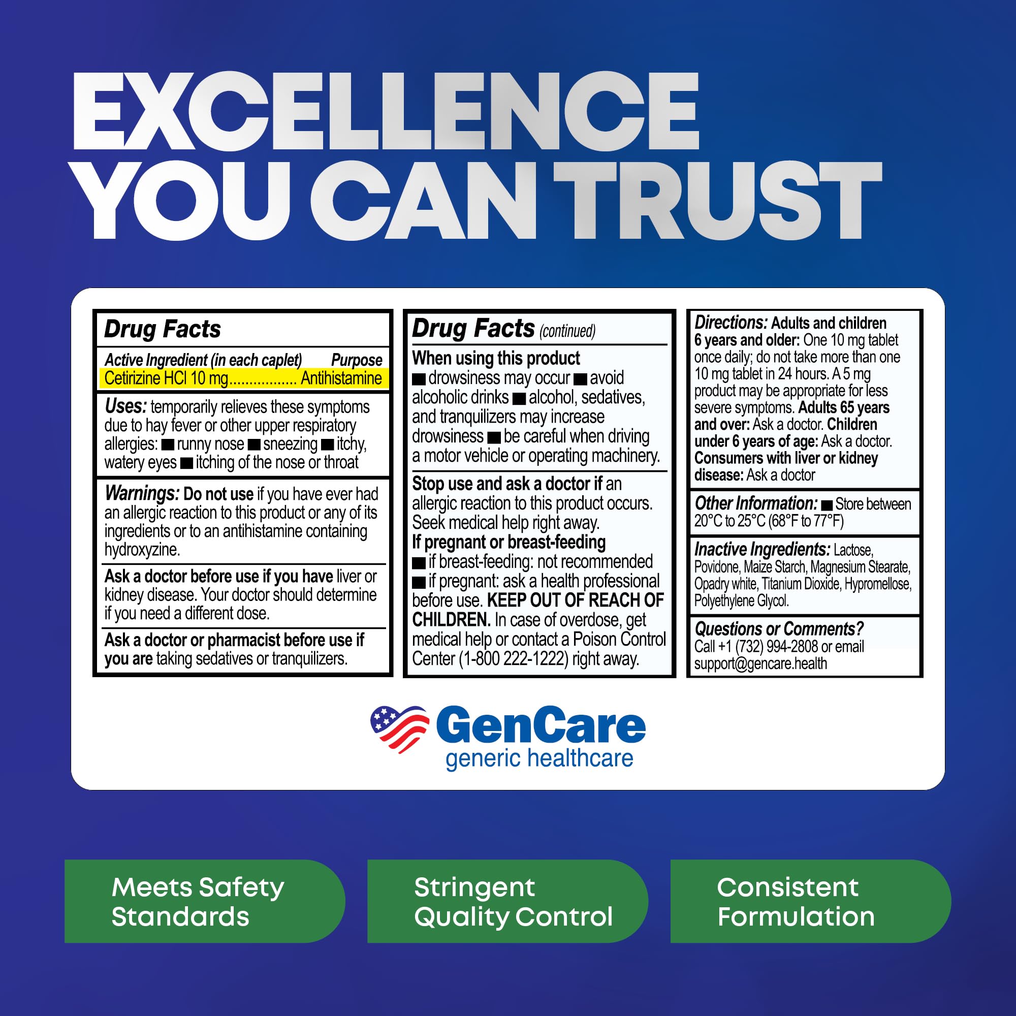 GenCare - Cetirizine HCL 10 mg (200 Caplets) - 24 Hour Allergy Relief Pills - Non Drowsy Generic OTC Allergy Medication - Antihistamine Medicine for Sneezing, Runny Nose & Itchy Eyes - Generic Zyrtec GenCare buy supplements Au
