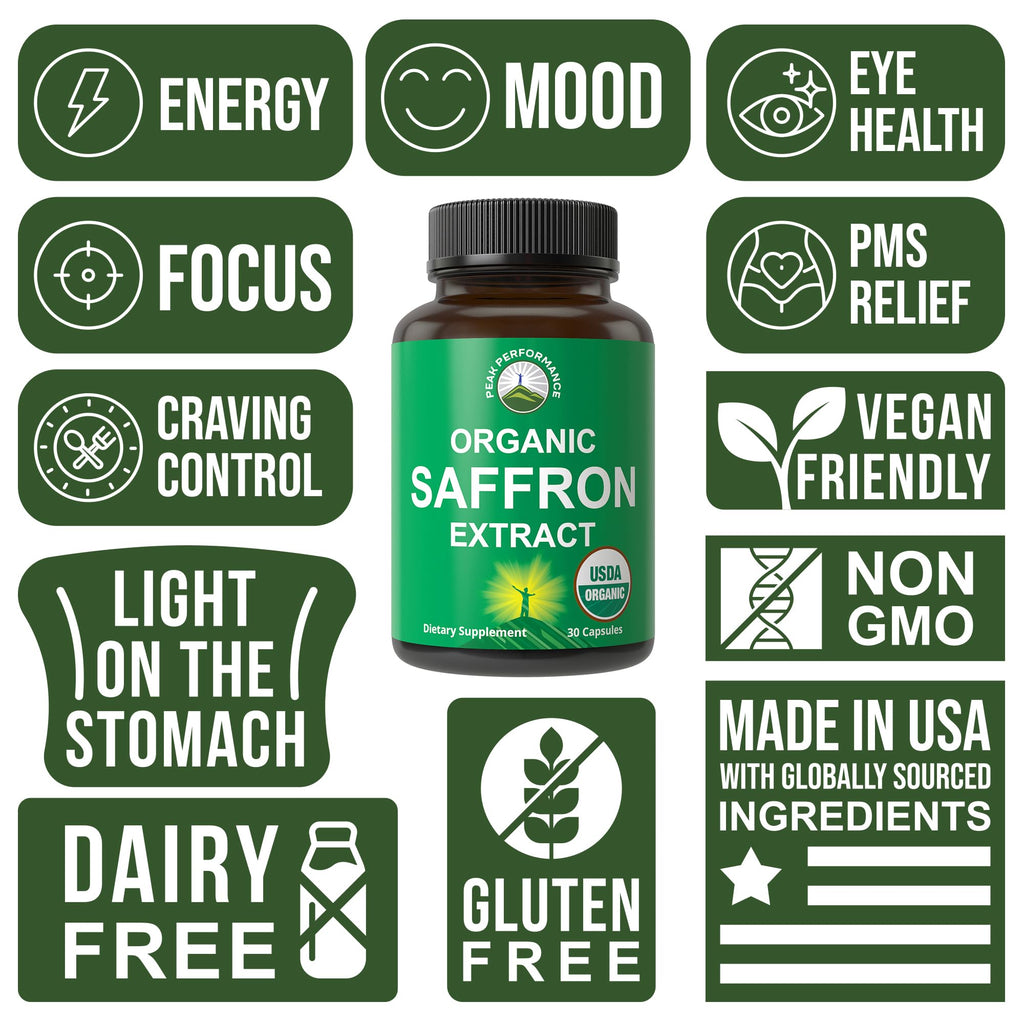 Saffron Supplements - USDA Organic Saffron Extract Capsules for Women, Men, and Kids. with Organic Prebiotic Fiber Instead of Filler. Pure and Natural for Mood, Brain, Focus, Cravings, PMS Peak PerformanceBuy Supplements Australia
