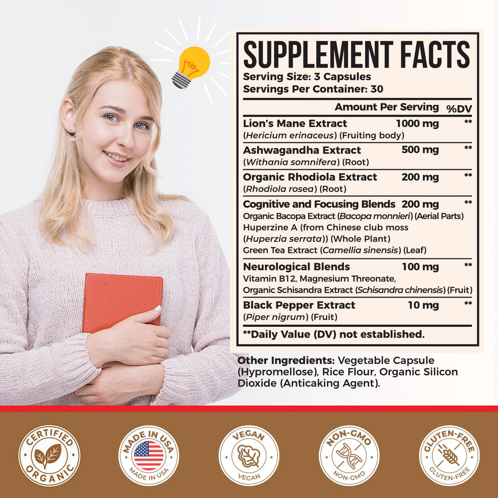 Ashwagandha & Lions Mane Supplements Capsules, Brain Supplements for Memory and Focus, Ashwagandha with Rhodiola Rosea for Cognitive, Immune Support, Cortisol Supplements for Women, 90 Capsules ZylvraxBuy Supplements Australia