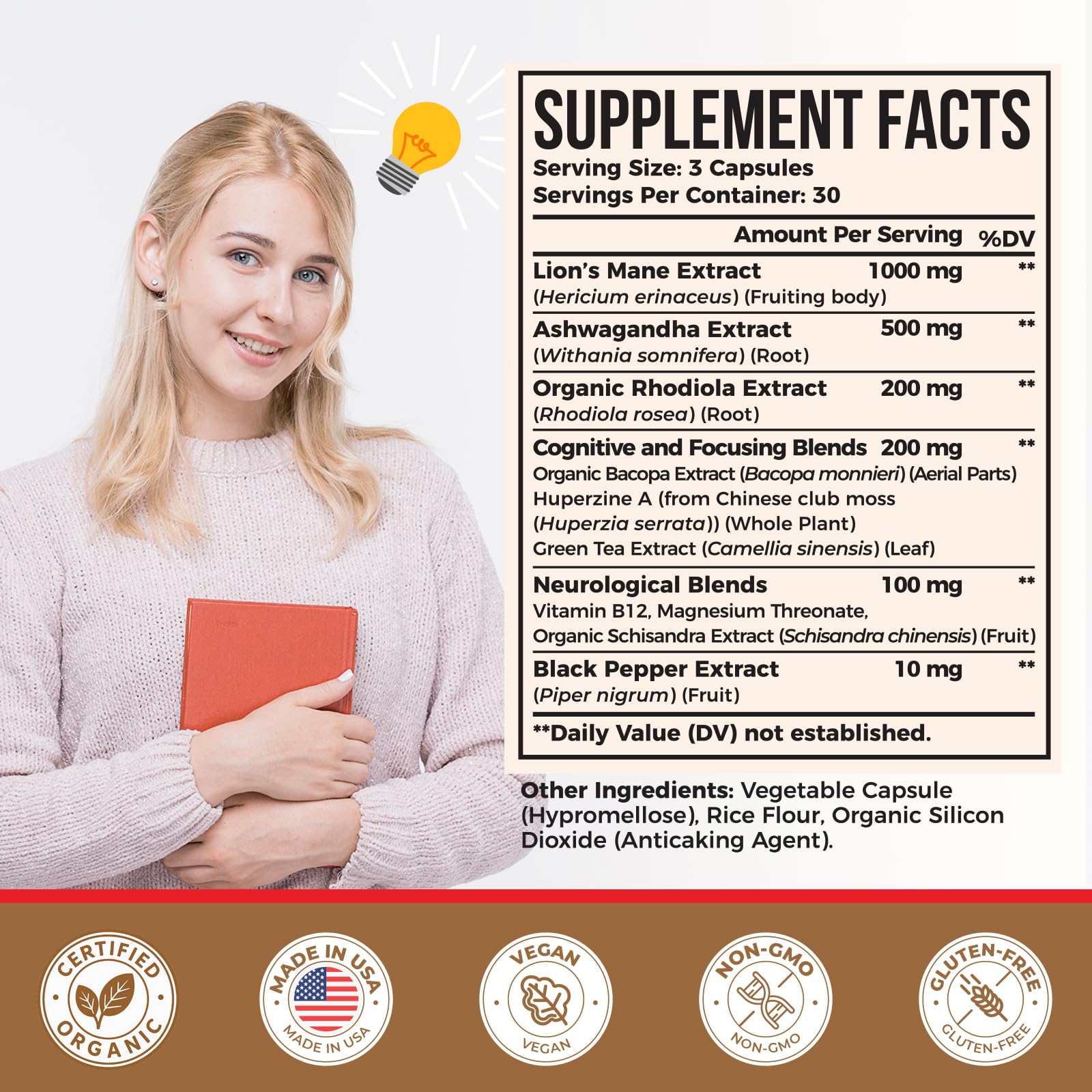 Ashwagandha & Lions Mane Supplements Capsules, Brain Supplements for Memory and Focus, Ashwagandha with Rhodiola Rosea for Cognitive, Immune Support, Cortisol Supplements for Women, 90 Capsules ZylvraxBuy Supplements Australia