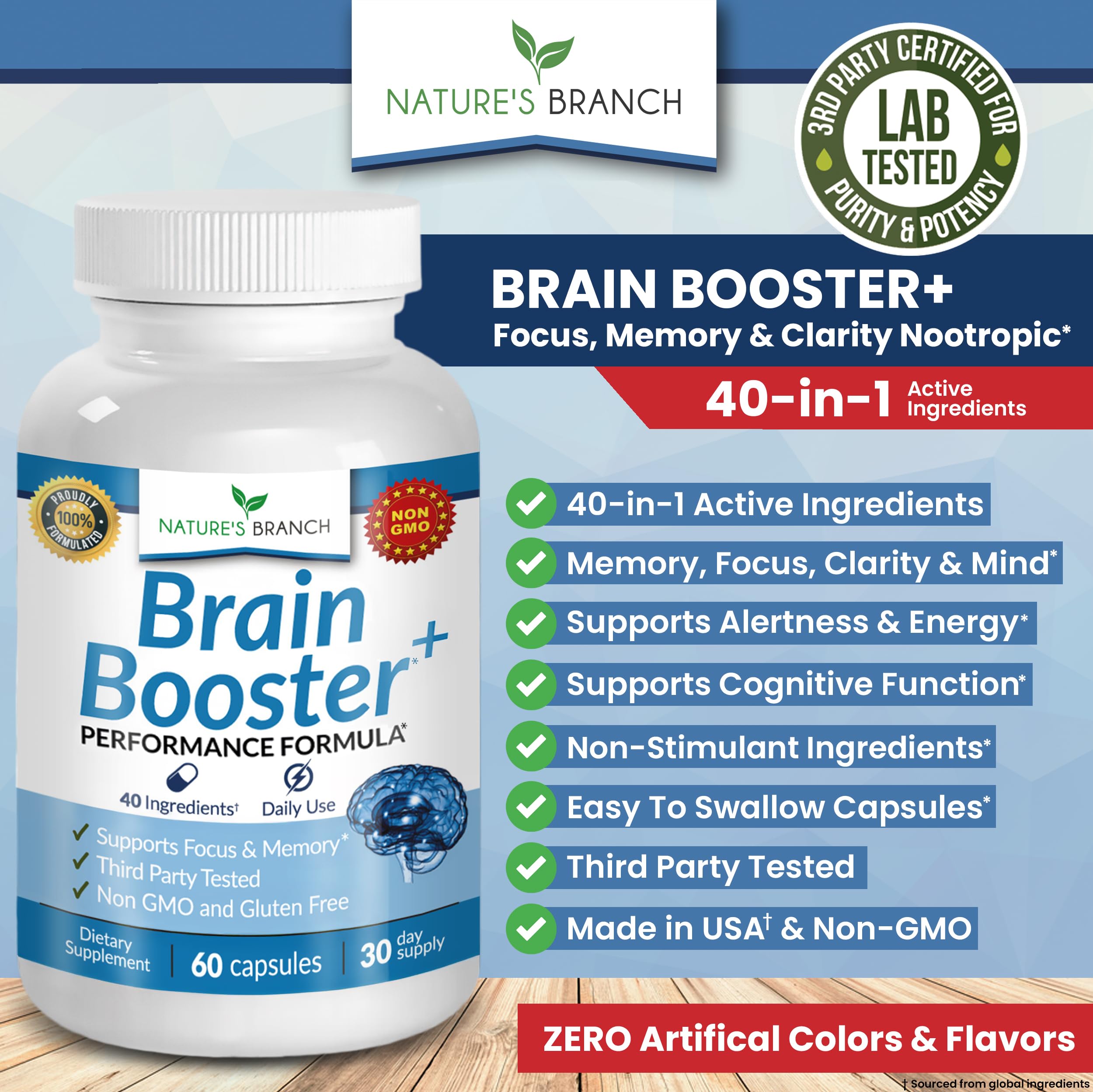 40-in-1 Brain Booster Supplement for Focus, Memory, Clarity, Energy | Advanced Vitamins Plus eBook | for Men & Women, Cognitive Function Nootropic Support with DMAE, Mind Health Formula | 60 Capsules NATURE'S BRANCHBuy Supplements Australia