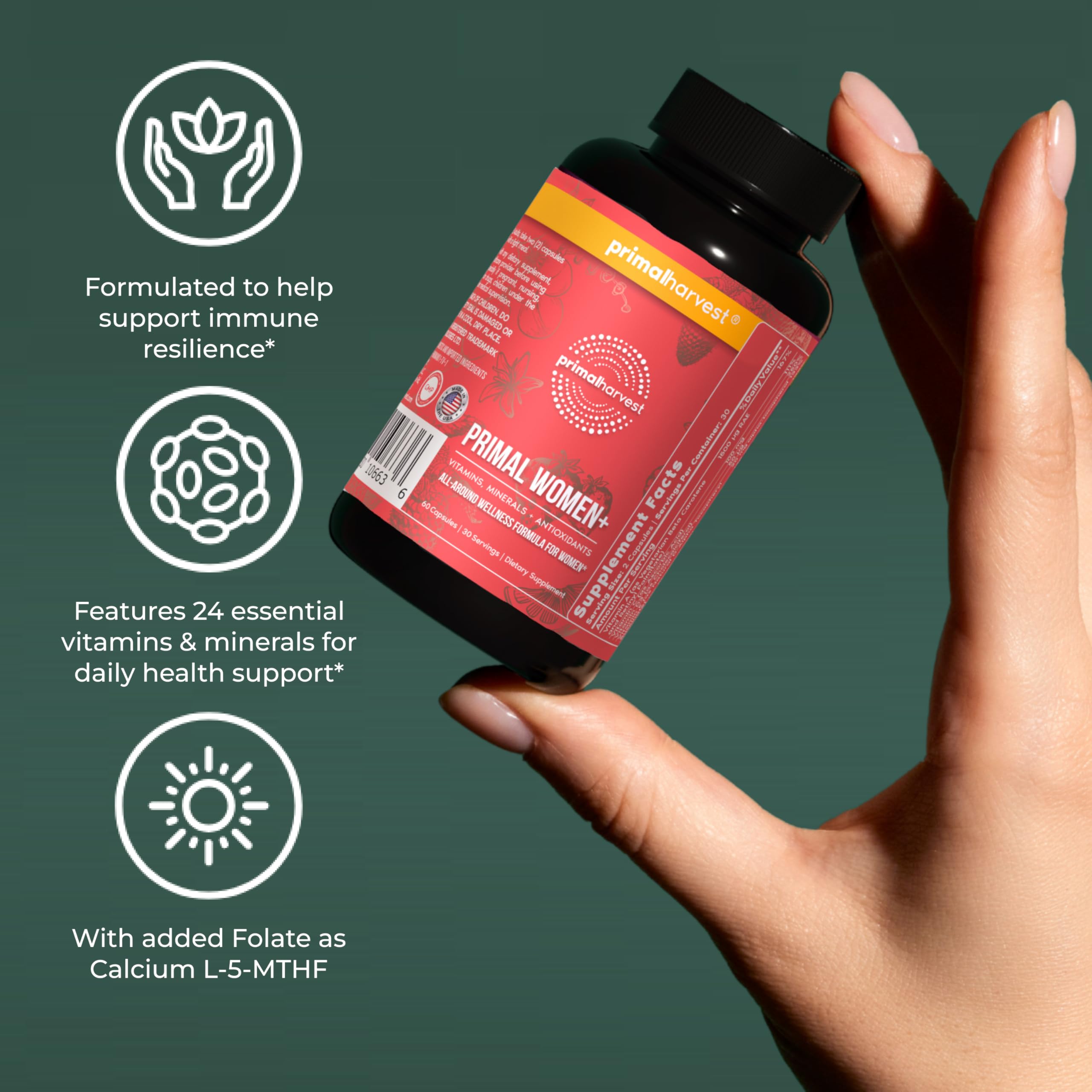 Primal Harvest Women+, Woman's Multivitamin Vitamin A, Vitamin C, Vitamin D and E, Vitamin B12, B6, Biotin