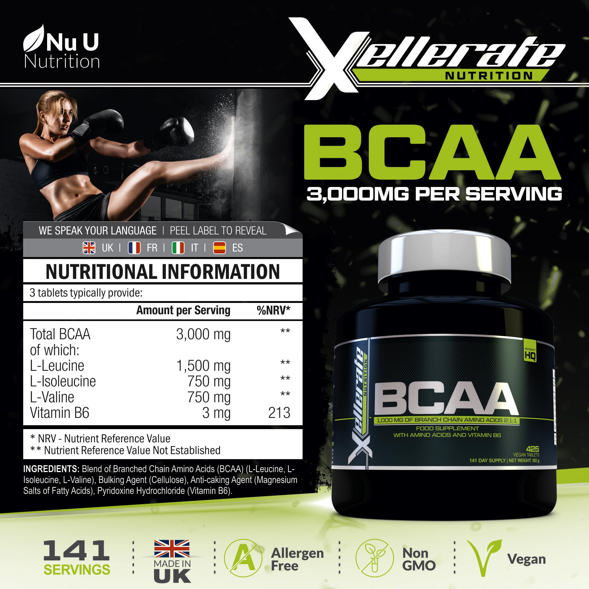 BCAA 1000mg - 425 Vegan Tablets - 3000mg Daily Serving - 141 Day Supply - 2:1:1 BCAAs Xellerate NUTRITIONBuy Supplements Australia