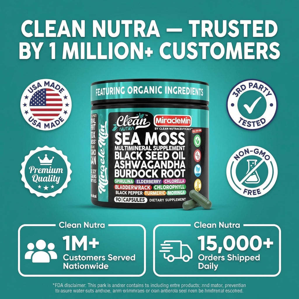 Clean Nutra Organic Sea Moss Capsules with Ashwagandha, Black Seed Oil, Burdock Root, Bladderwrack, Moringa, Chlorella, Spirulina, Turmeric, Elderberry, Amla – 90 Vegan Capsules – MiracleMin Clean NutraceuticalsBuy Supplements Australia