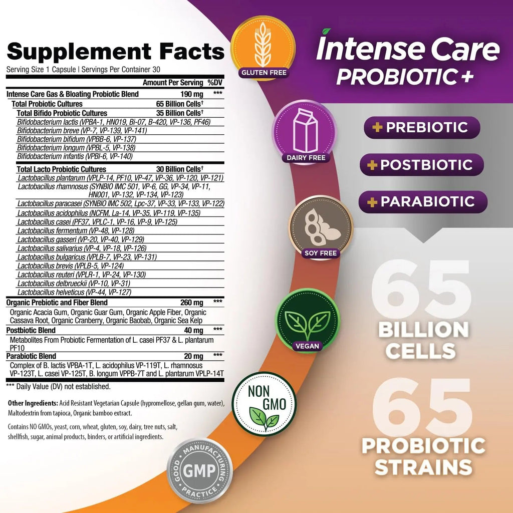 Vital Planet - Intense Care Gas & Bloating Probiotics Plus Organic Prebiotics, Postbiotics, Parabiotics, Complete 4-in-1 Supplement for Adults, 65 Billion CFU, 65 Strains, Digestive and Immune 30 ct Vital PlanetBuy Supplements Australia