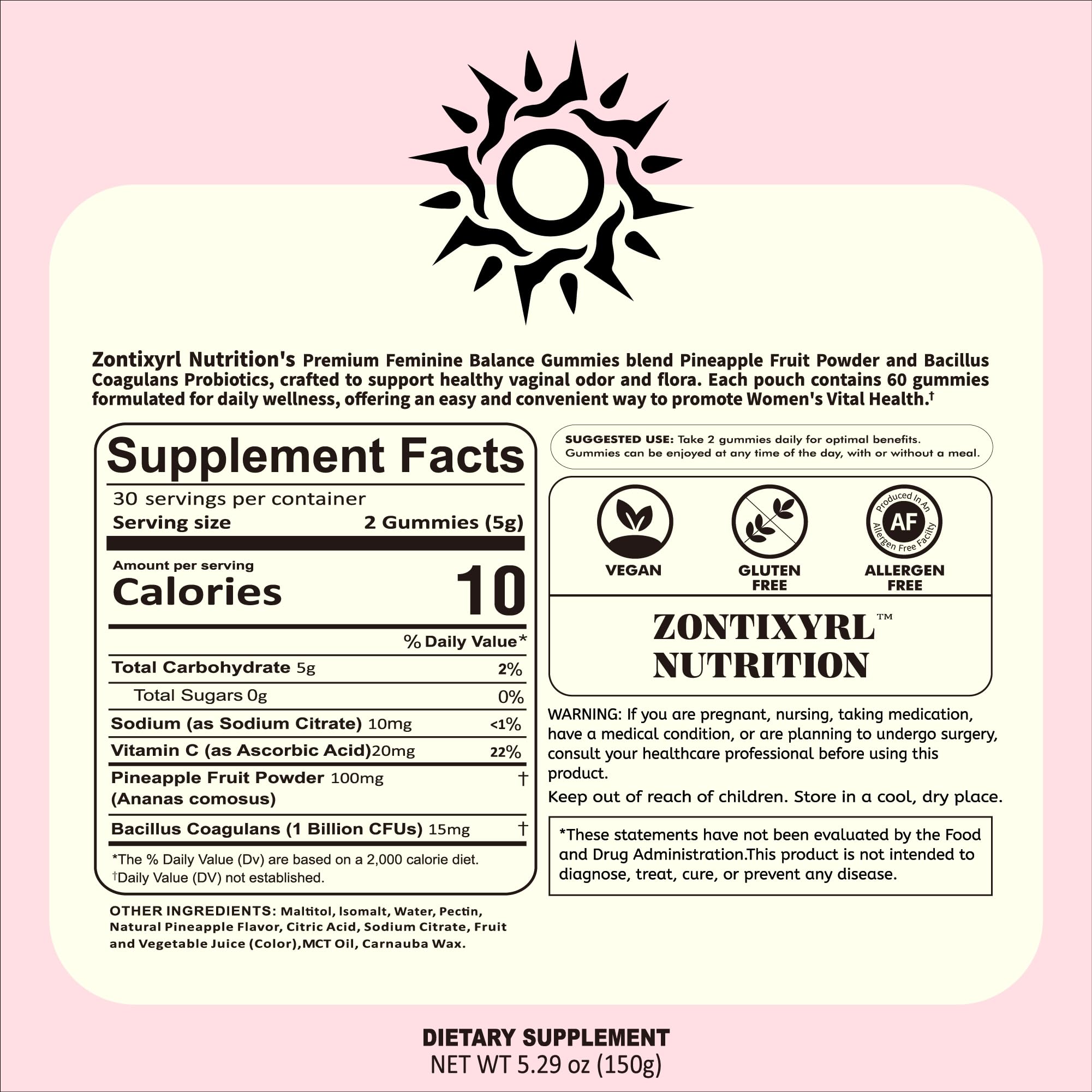 Zontixyrl Premium Feminine Balance Gummies Women - Pineapple Gummies for Women pH Probiotic and Immune Support Vegan Gluten Free 60 Gummies 30 Servings ZontixyrlBuy Supplements Australia
