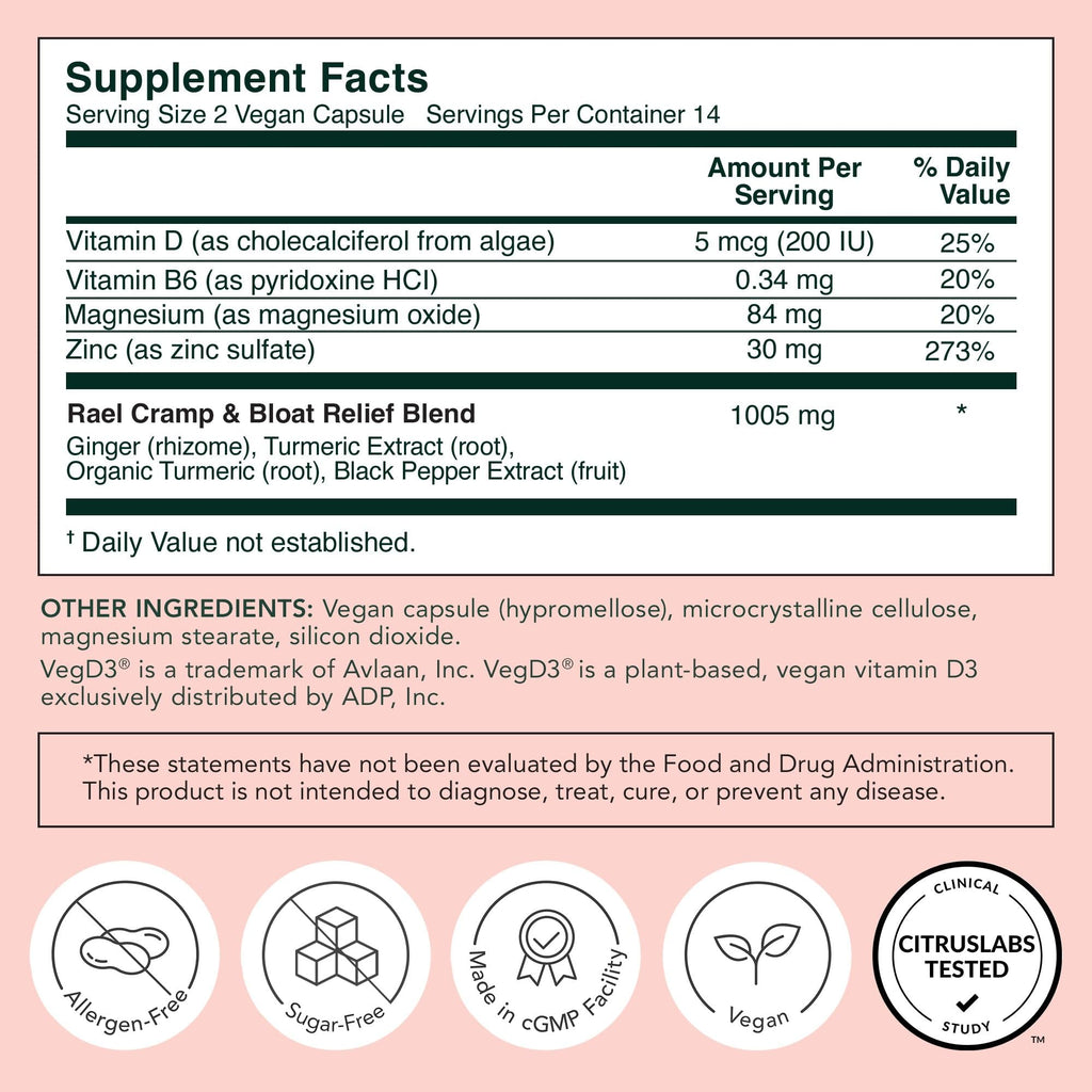 Rael PMS Supplement, Hormone Balance for Women, Relief from Menstrual Cramps with Turmeric, Ginger, Magnesium (28 Capsules) RaelBuy Supplements Australia