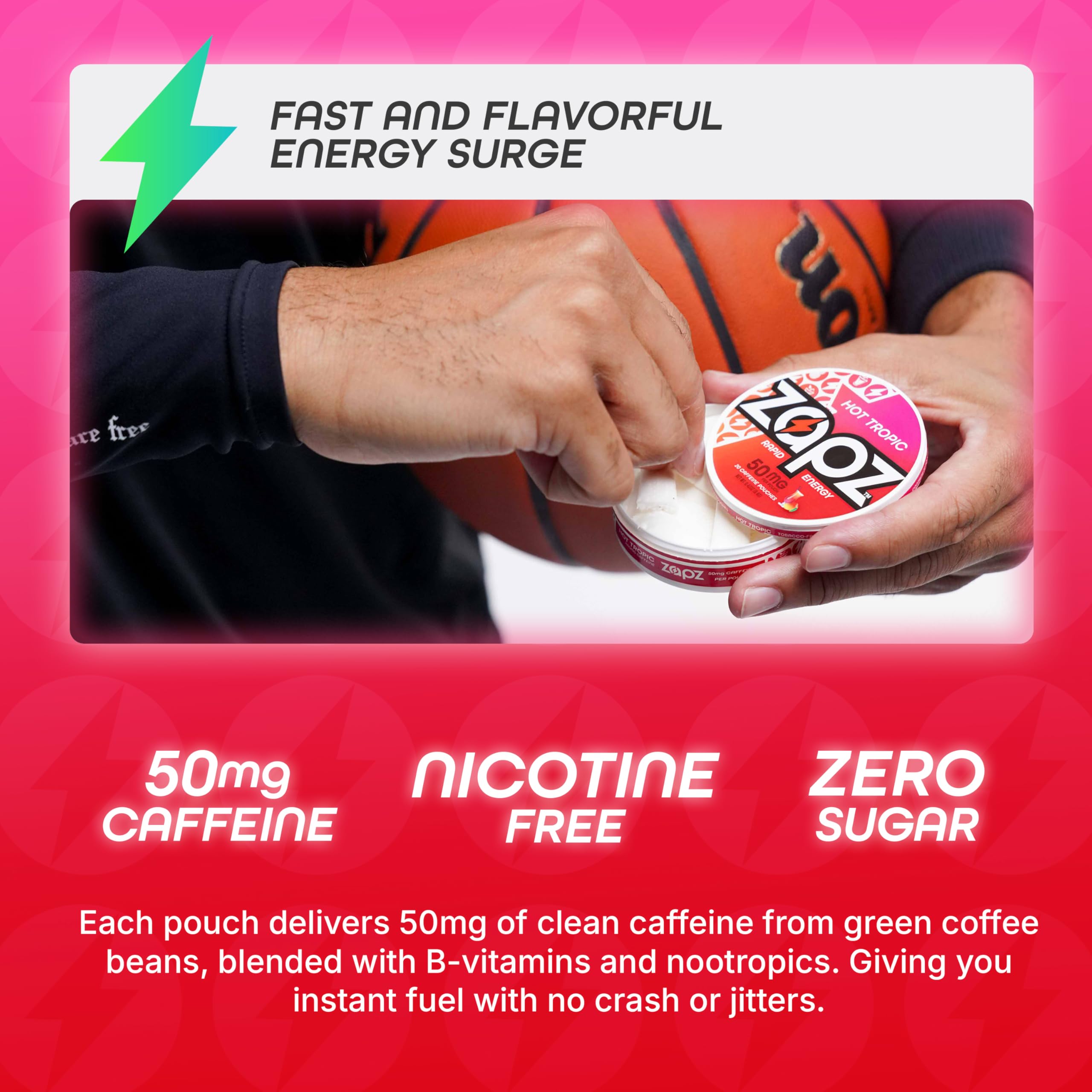 ZAPZ Caffeine Pouches, Hot Tropic, 5 Cans x 20 Count, Energy Pouches with 50mg Caffeine, Nootropic Focus Support, Niacin, L-Theanine, L-Tyrosine, Sugar Free, No Coffee Grinds ZAPZBuy Supplements Australia