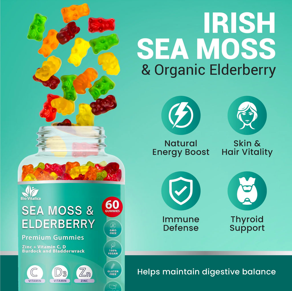 BIO VITALICA Irish Sea Moss Gummies with Elderberry – USA Made Vegan Gummies with Vitamin C, D & Zinc – Immune Support Supplement with Bladderwrack & Burdock Root for Adults & Kids – 3 Packs BIO VITALICABuy Supplements Australia