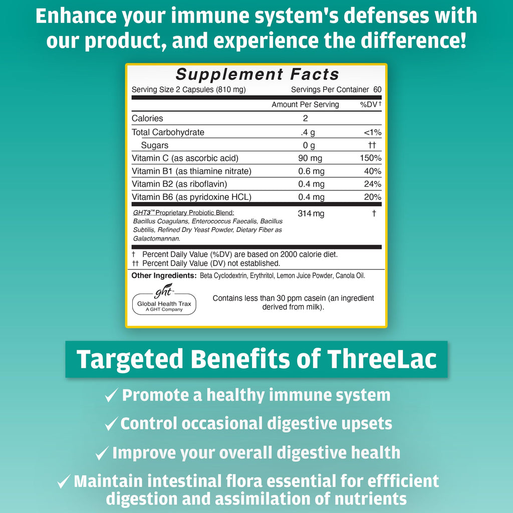 Global Health Trax GHT - ThreeLac Probiotic Capsules, 480 Count - Comprehensive Digestive Support for Men, Women, and Children - Immune System and Gut Balance, Non-GMO ght Global Health TraxBuy Supplements Australia