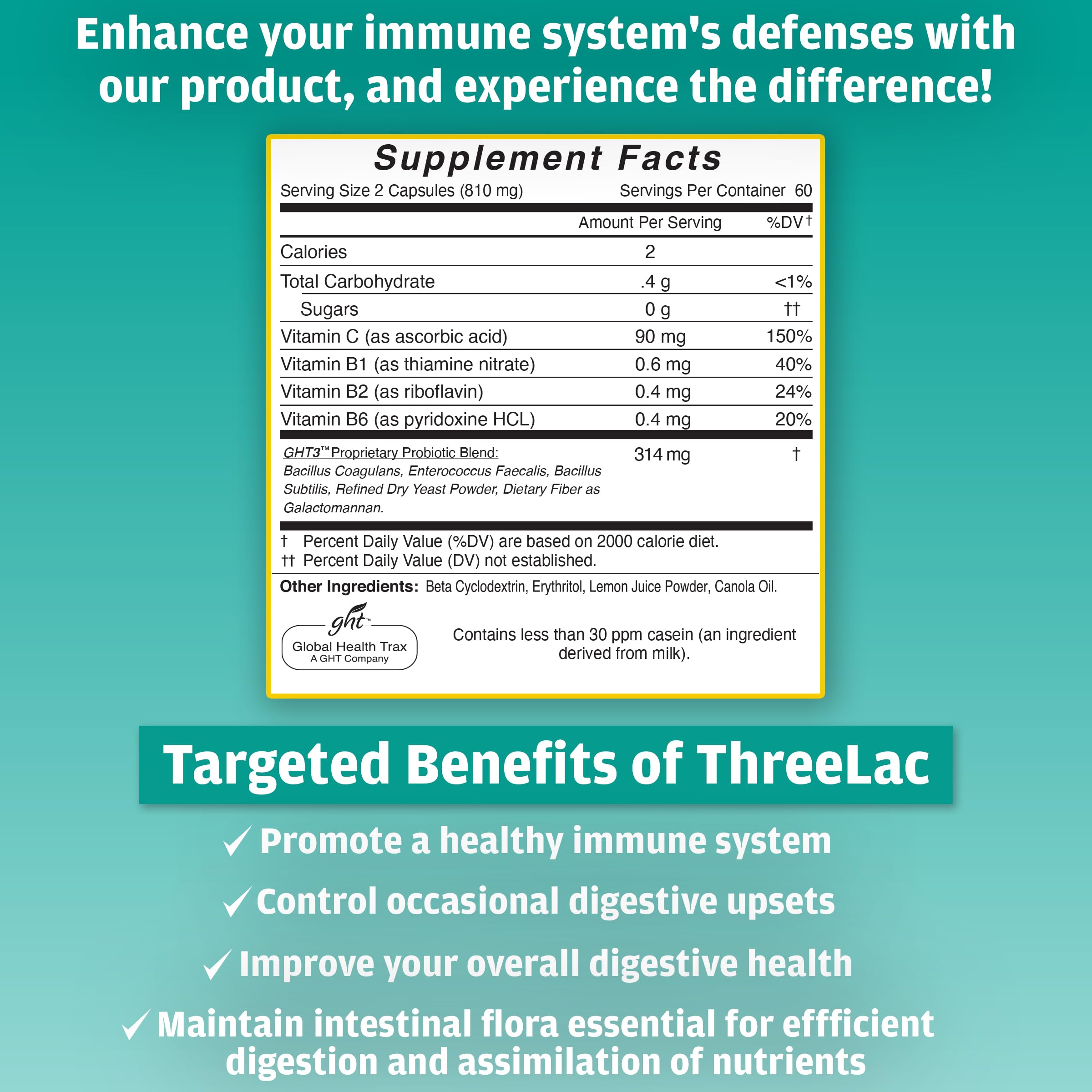 GHT - ThreeLac Probiotic Capsules, 240 Ct - Comprehensive Digestive Support for Men, Women, and Children - Immune System and Gut Balance, Non-GMO ght Global Health TraxBuy Supplements Australia