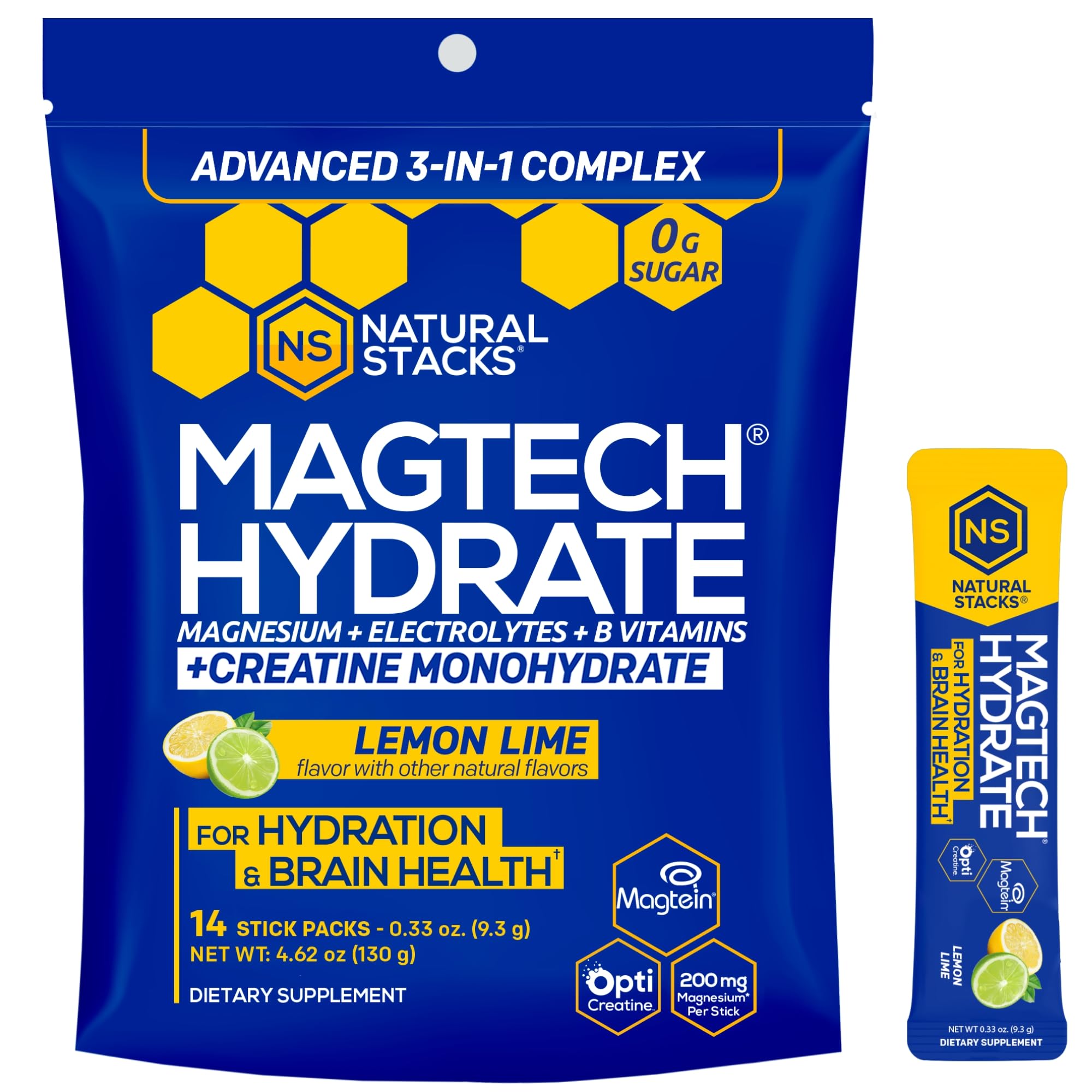 NATURAL STACKS Magtech Magnesium Hydrate + Creatine - Sugar Free Electrolyte Drink - Magtein Magnesium L-Threonate, Glycinate & Taurate - Supports Hydration & Cellular Energy - 14 Hydration Packets NATURAL STACKSBuy Supplements Australia