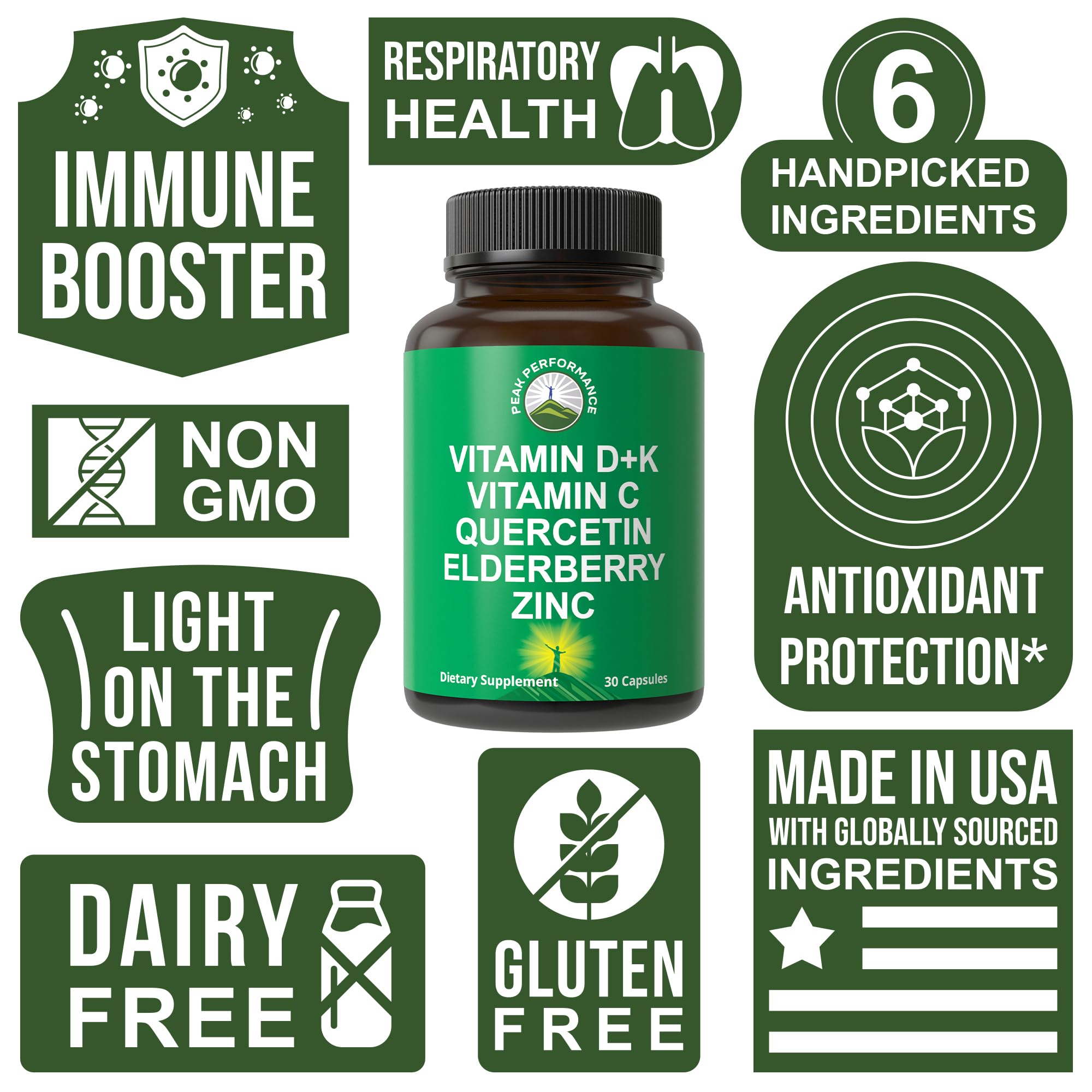 Immune Support Supplement with 6 Top Ingredients. Vitamin D3 K2 + Vitamin C + Elderberry + Zinc + Quercetin. Includes 5000 IU Vitamin D. Immunity Capsules. Supplements for Women and Men Peak PerformanceBuy Supplements Australia