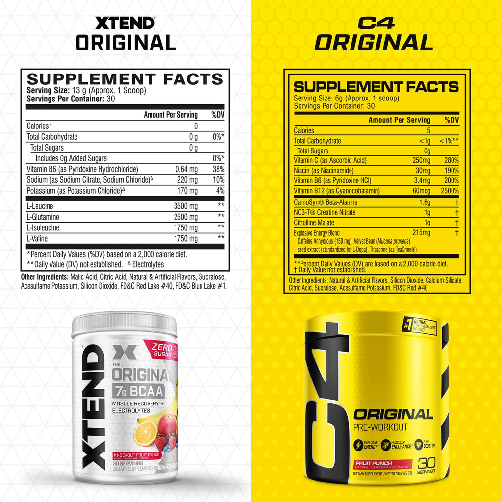 Cellucor Pre Workout & BCAA Bundle, C4 Original Pre Workout Powder, Fruit Punch, 30 Servings + XTEND BCAA Powder, Knockout Fruit Punch, 30 Servings