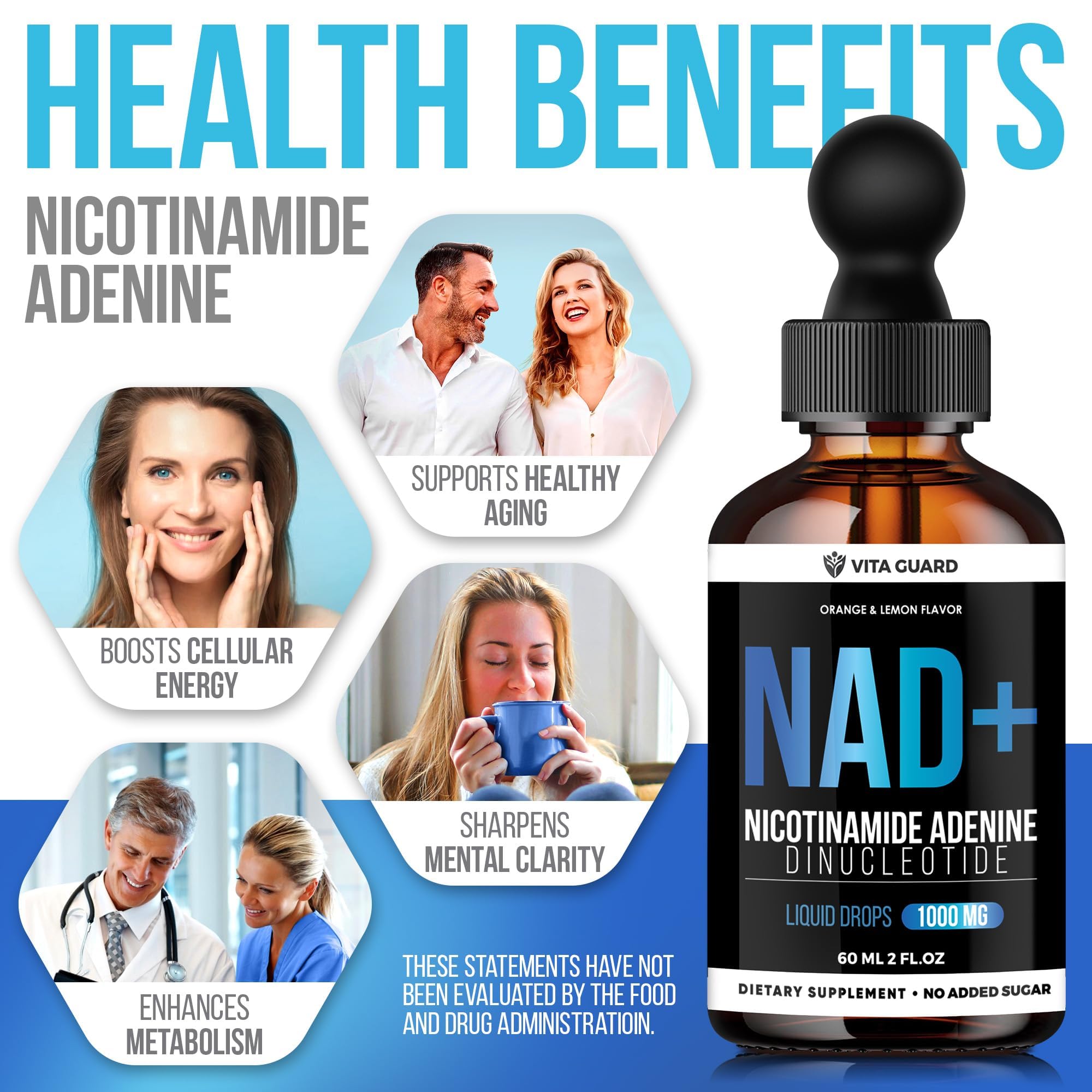 Vita Guard Pure NAD+ Supplements 1000mg Liquid Drops for Women & Man | Nicotinamide Adenine Similar to Nicotinamide Riboside NAD Plus Boosting Supplement - Natural Lemon & Orange Flavor Vita GuardBuy Supplements Australia