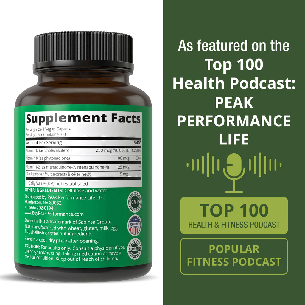 Peak Performance Advanced Vitamin D 10000 IU with All 3 Types of Vitamin K - 10,000 Vitamin D3 and Vitamin K2, K1, MK-7 (MK7), MK4 Capsules Supplement - 60 Small and Easy to Swallow Pills Peak PerformanceBuy Supplements Australia