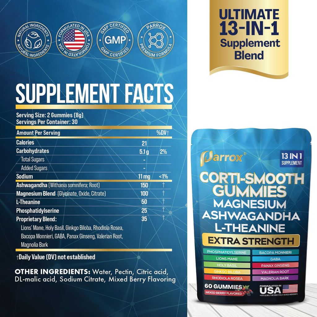 Parrox Corti-Smooth Cortisol Support Gummies with Magnesium, L-Theanine, Ashwagandha, Phosphatidylserine, Bacopa Monnieri, Lions Mane, Ginkgo Biloba, Valerian Root (60 Gummies - Mixed Berry Flavor) ParroxBuy Supplements Australia