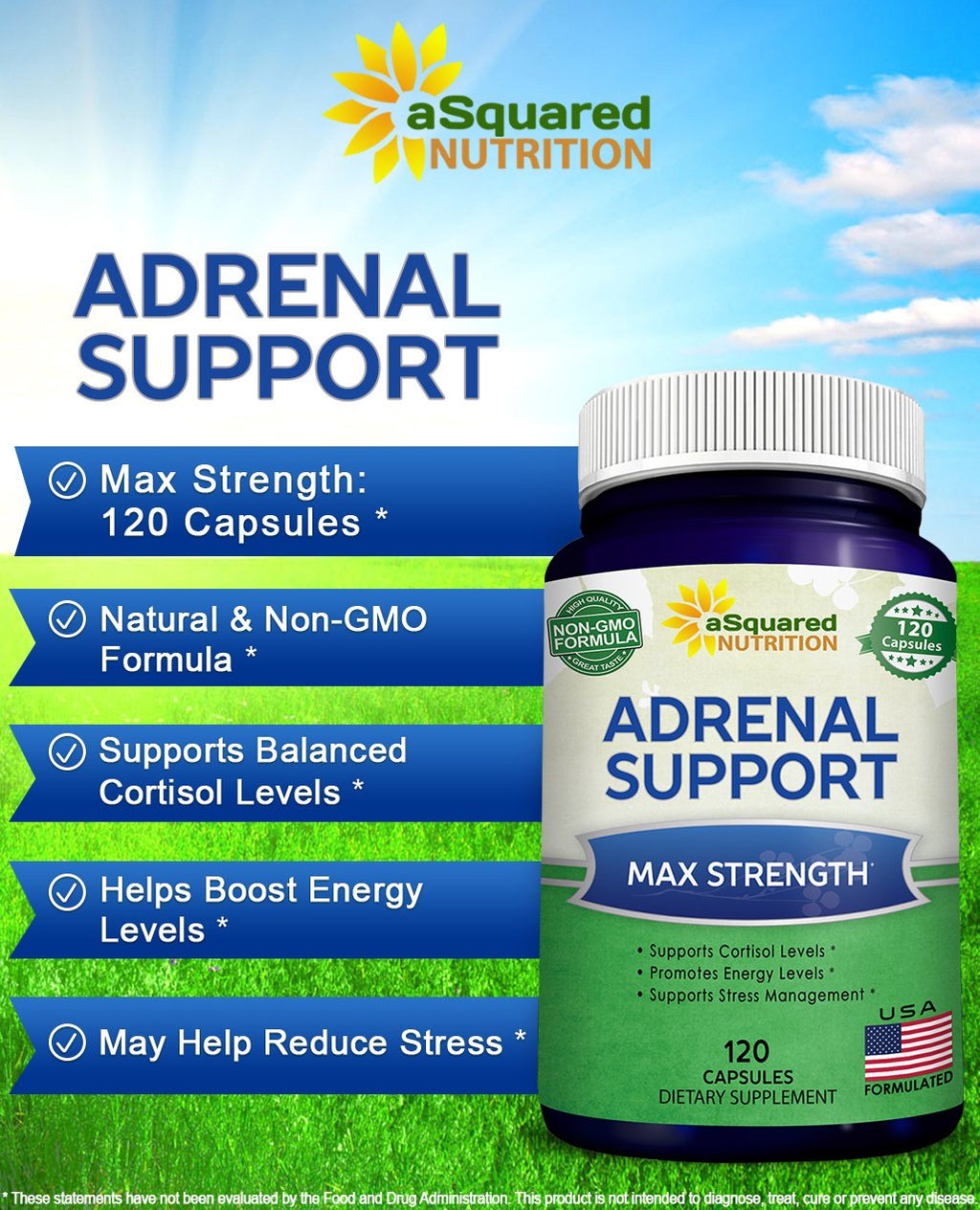 aSquared Nutrition Adrenal Support & Cortisol Manager Supplement (120 Capsules)-Adrenal Health w/Vitamin C Complex Pills to Support Fatigue & Stress Relief-Ashwagandha, L-Tyrosine, Rhodiola & Ginseng aSquared NutritionBuy Supplements Australia