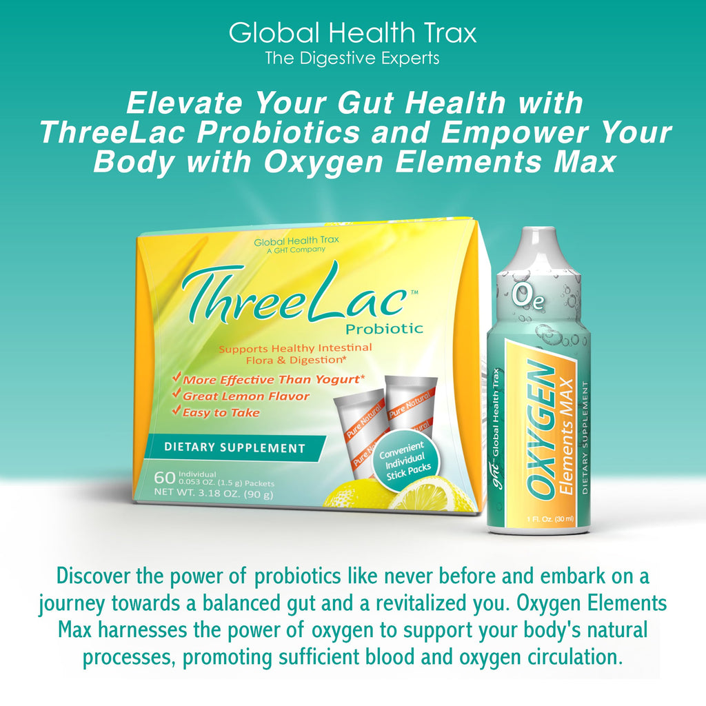 Global Health Trax Ultimate Gut & Oxygen Duo: ThreeLac Lemon Probiotic Powder (60 Packets) & Oxygen Elements Max Drops (1oz) - Digestive Support & Cellular Vitality ght Global Health TraxBuy Supplements Australia