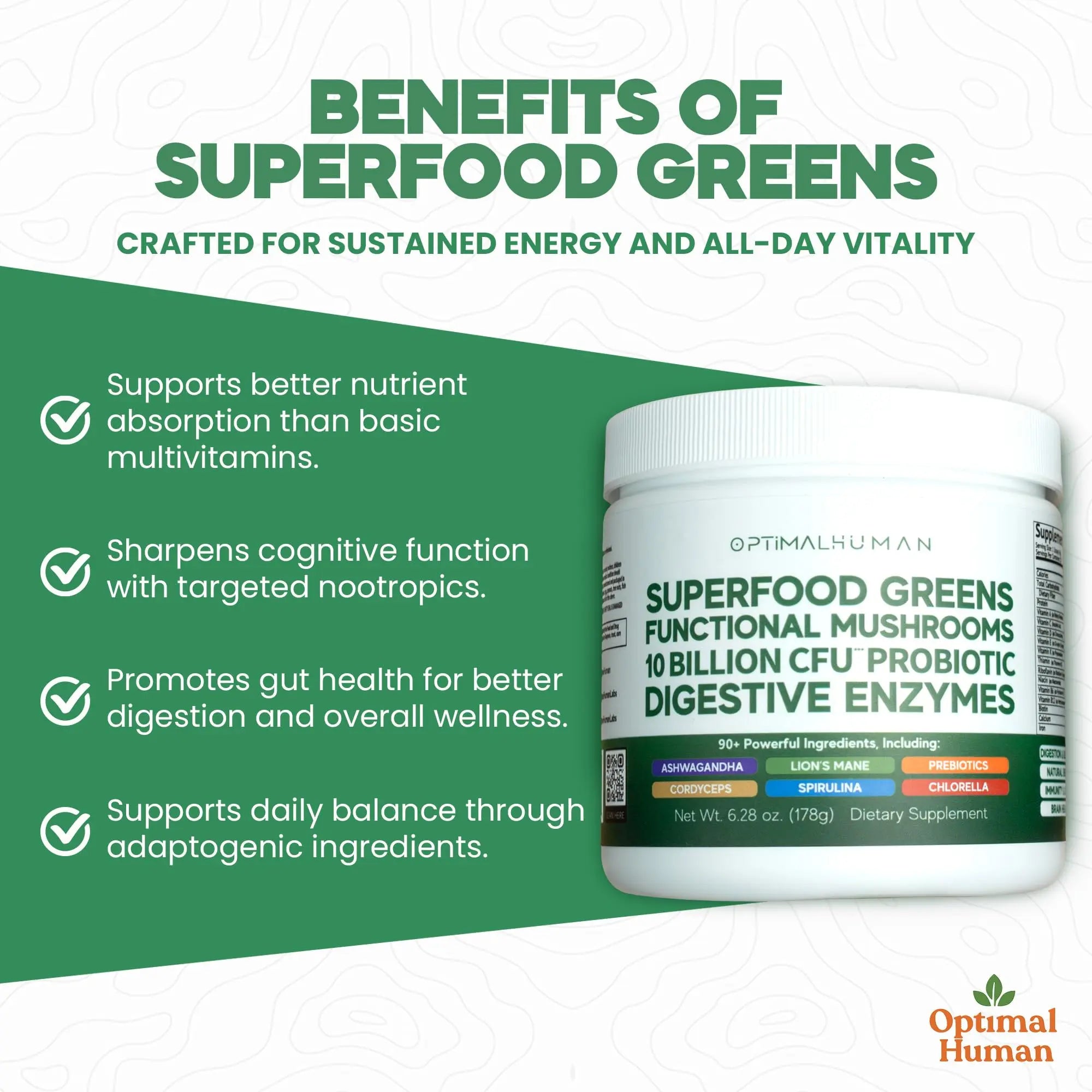 Optimal Human Superfood Greens Powder – 90+ Ingredient Blend with Lion’s Mane Supplement, Ashwagandha & Turmeric O H