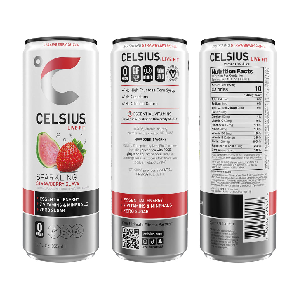 CELSIUS Sparkling Strawberry Guava, Functional Essential Energy Drink 12 Fl Oz (Pack of 12) CELSIUSBuy Supplements Australia