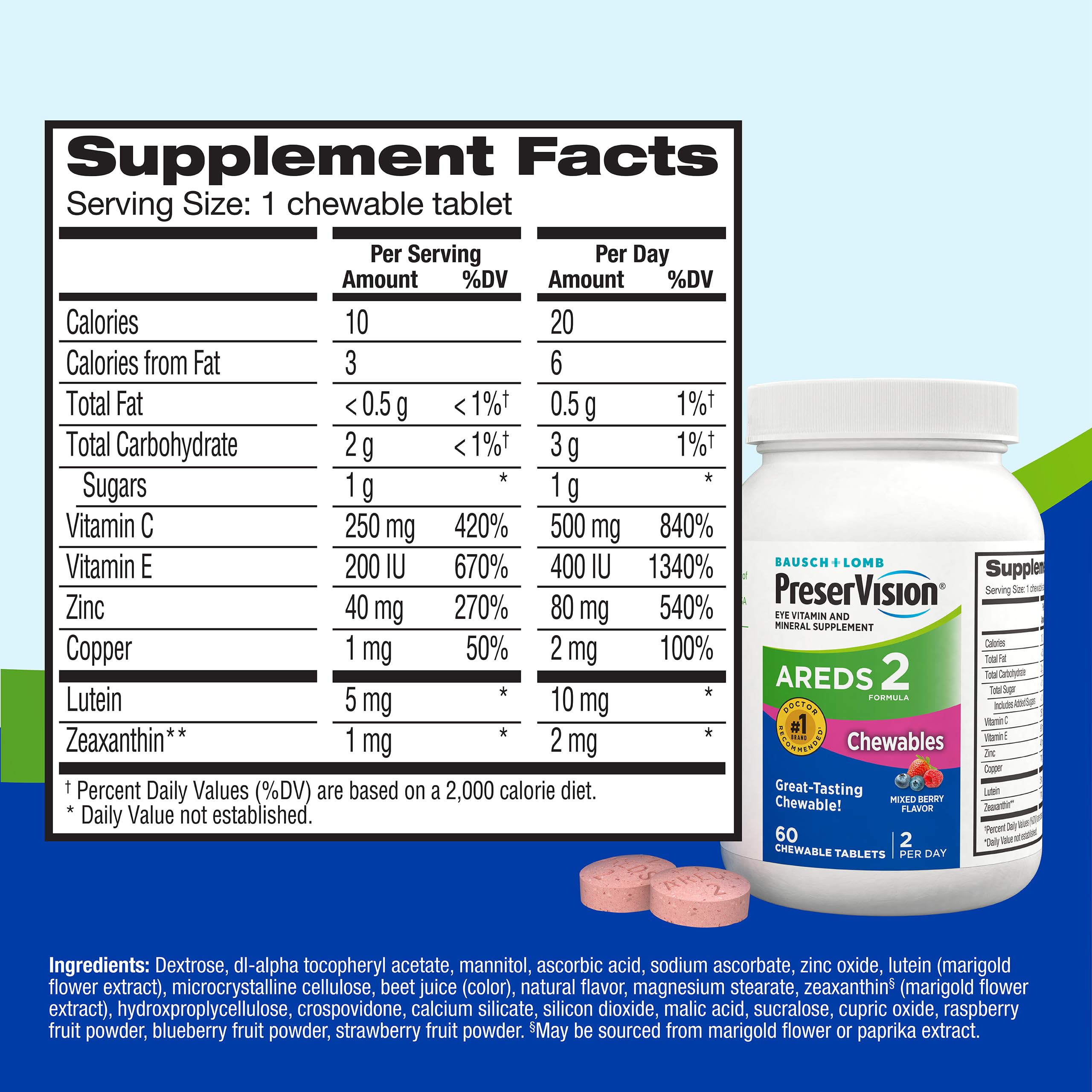PreserVision AREDS 2 Eye Vitamins, #1 Eye Doctor Recommended Brand, Chewable Lutein and Zeaxanthin Supplement with Vitamin C, Vitamin E,Zinc, and Copper, Mixed Berry, 70 Tablets PreserVision buy supplements Au