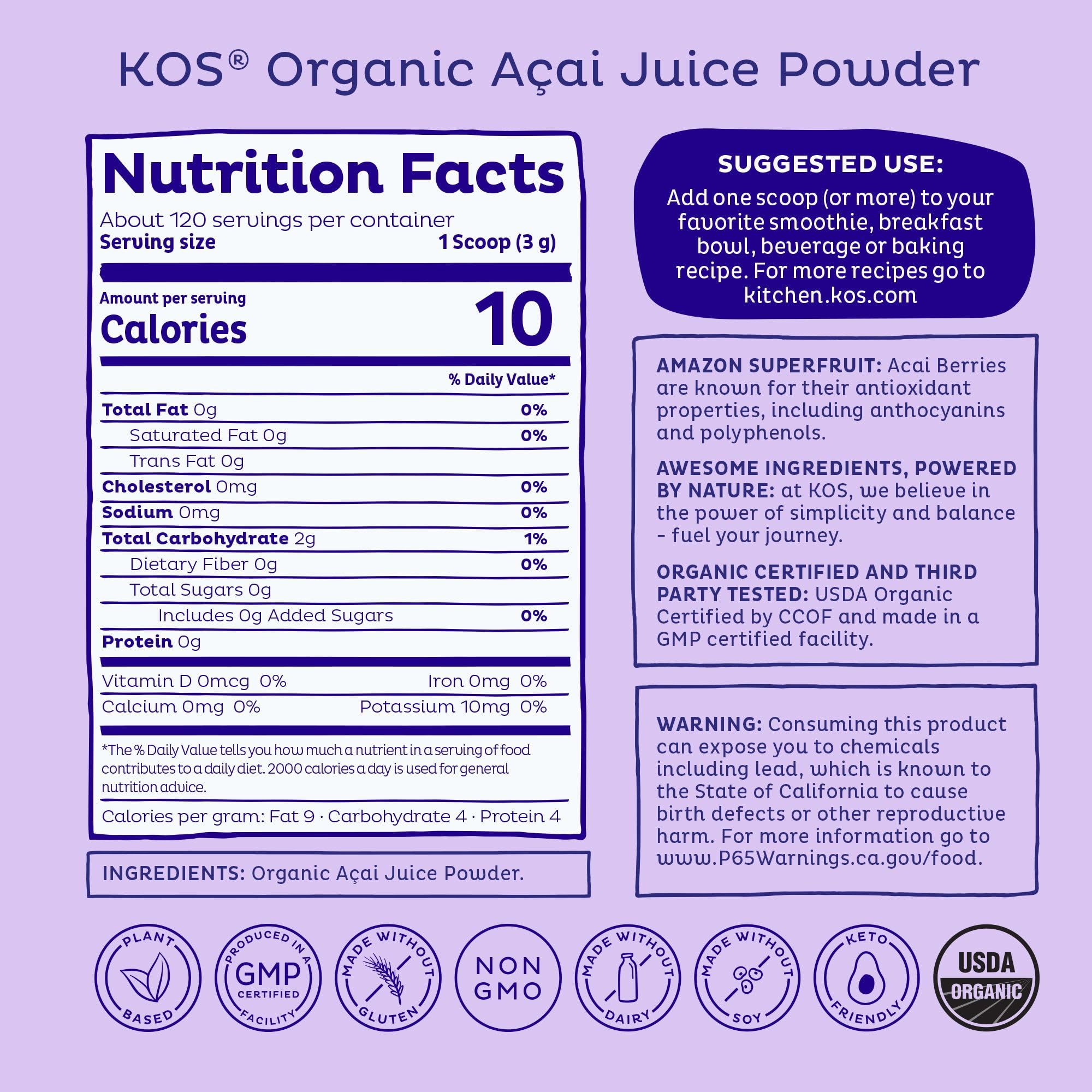 KOS Organic Acai Juice Powder - USDA Certified Organic, Plant Based Superfood Antioxidants, Superberry from Brazil, Great for Smoothies and Bowls, 0g Sugar, Vegan, Gluten-Free, Non-GMO - 120 Servings KOS buy supplements Au