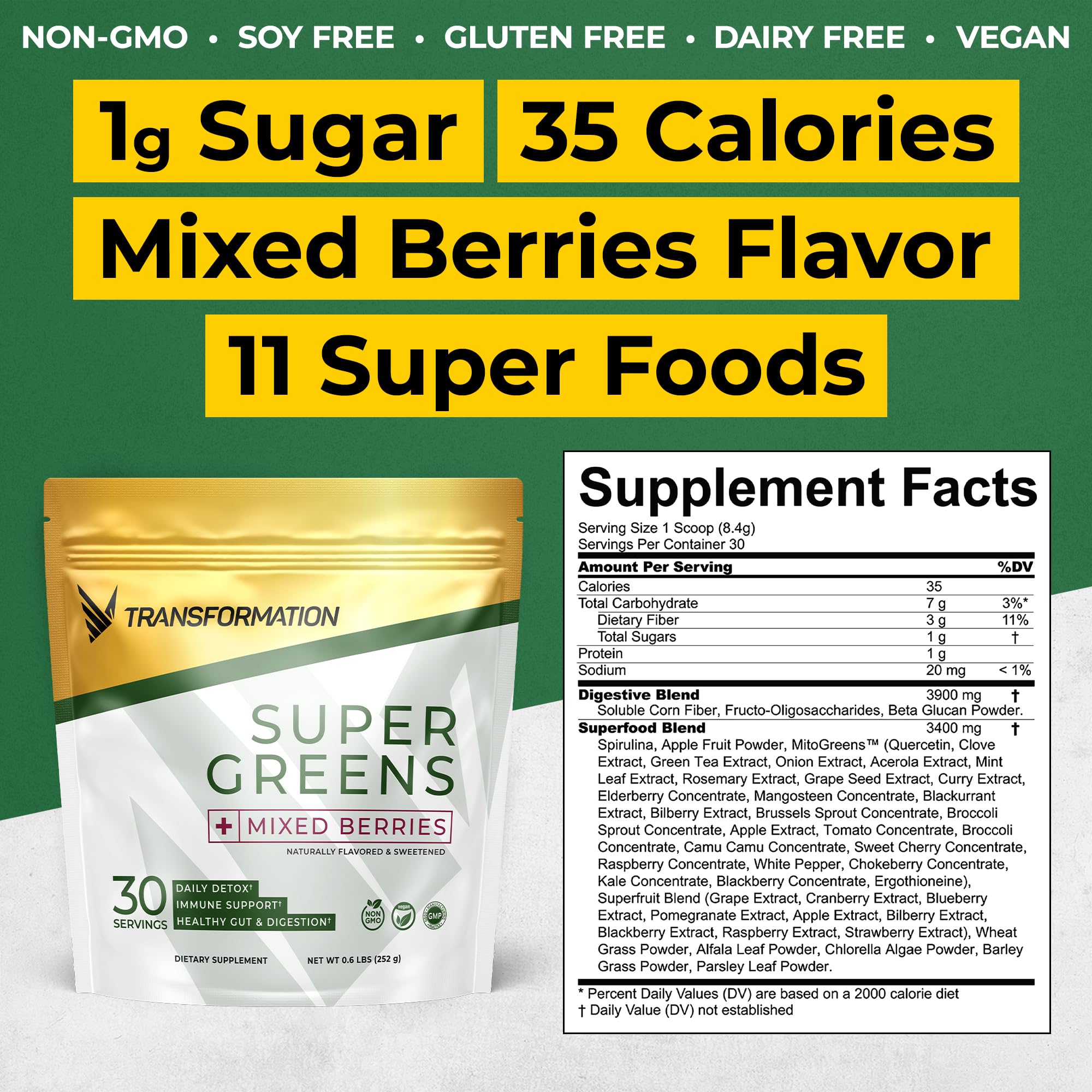 Transformation Super Greens Superfood Green Juice Powder - Immune & Energy Support | Natural Ingredients | Detoxifying & Alkalizing Minerals - Spirulina, Chlorella, Wheatgrass, Spinach, Alfalfa SPR BODYBuy Supplements Australia