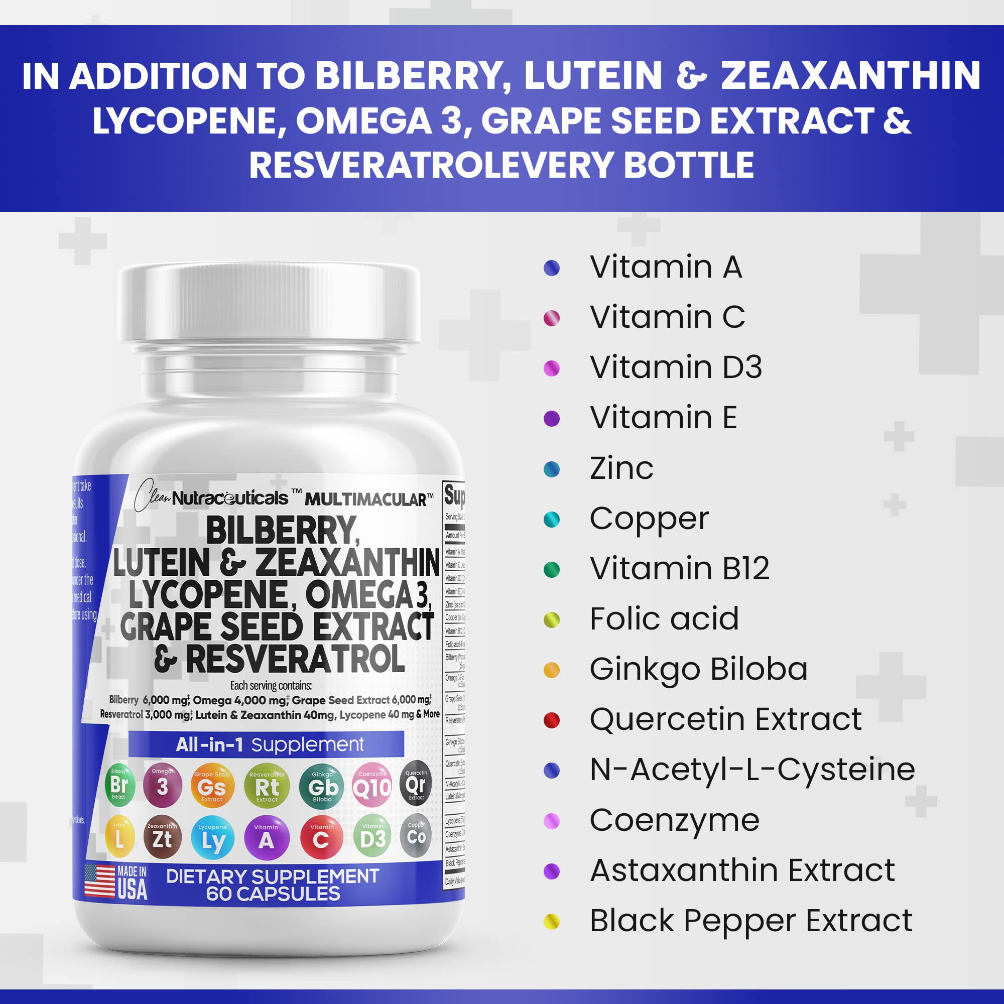 Eye Health Vitamins with Bilberry 6000mg Lutein & Zeaxanthin 40mg Lyco