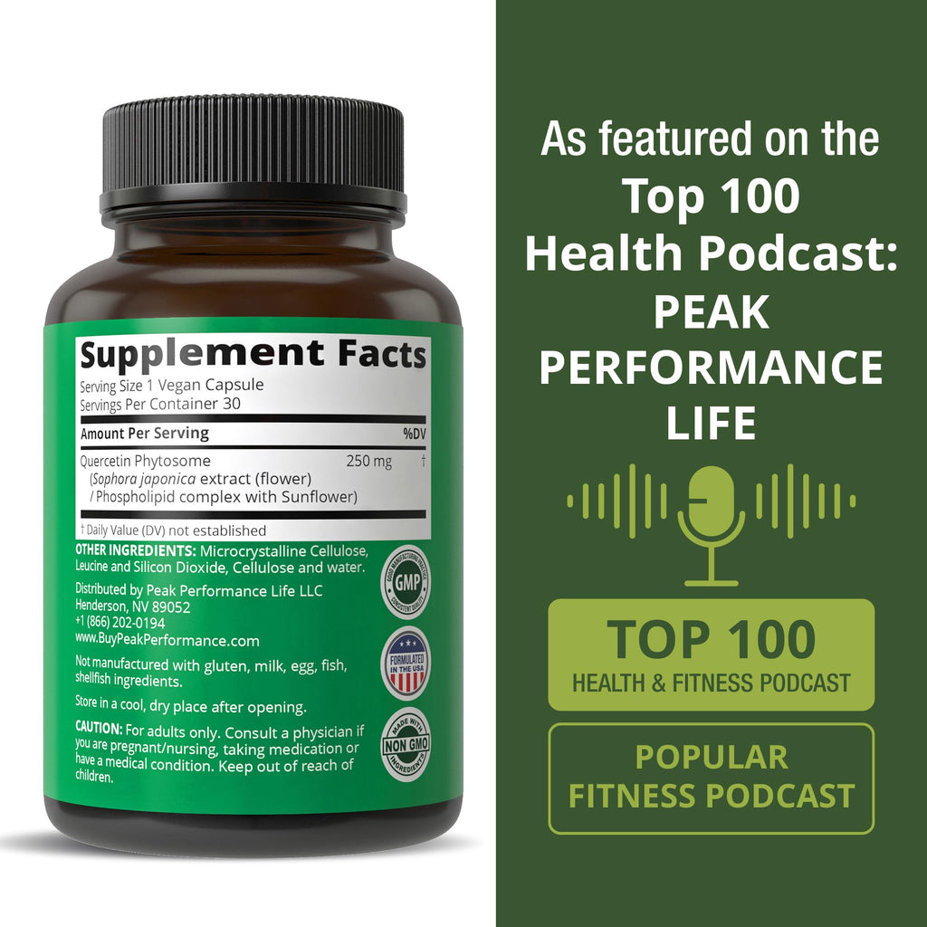Peak Performance Ultra Pure Quercetin Phytosome Vegan Capsules - Rich Sophora Japonica Extract for Max Absorption Now. Quercetin 250mg Supplement Capsules. Made in USA Peak PerformanceBuy Supplements Australia