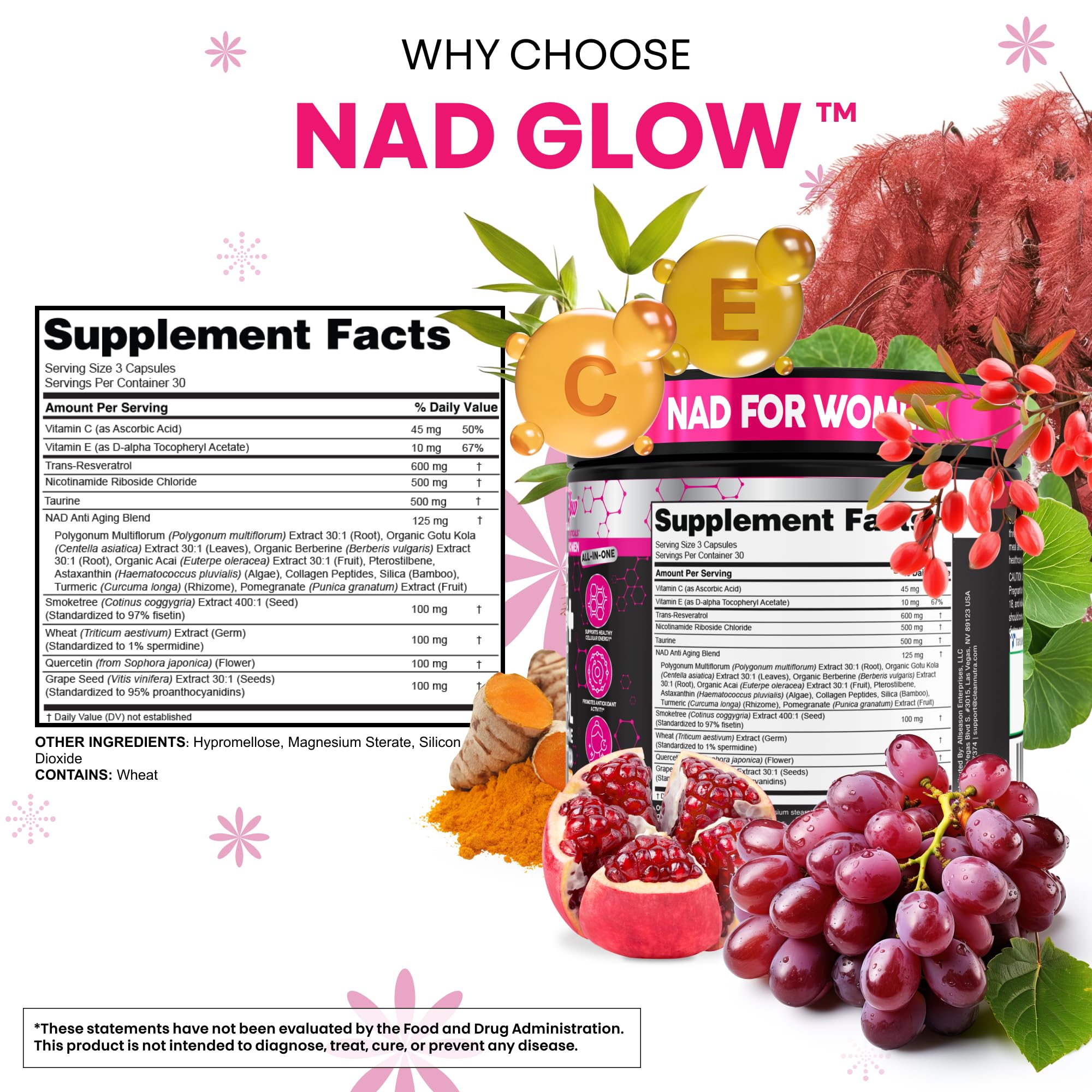 NAD+ Resveratrol Supplement for Women NAD Turmeric Vitamin C Acai Pomegranate Collagen Peptides Nicotinamide Riboside Fisetin Vitamin E Polygonum Multiflorum Berberine 90 Capsules by Clean Nutra Clean NutraceuticalsBuy Supplements Australia