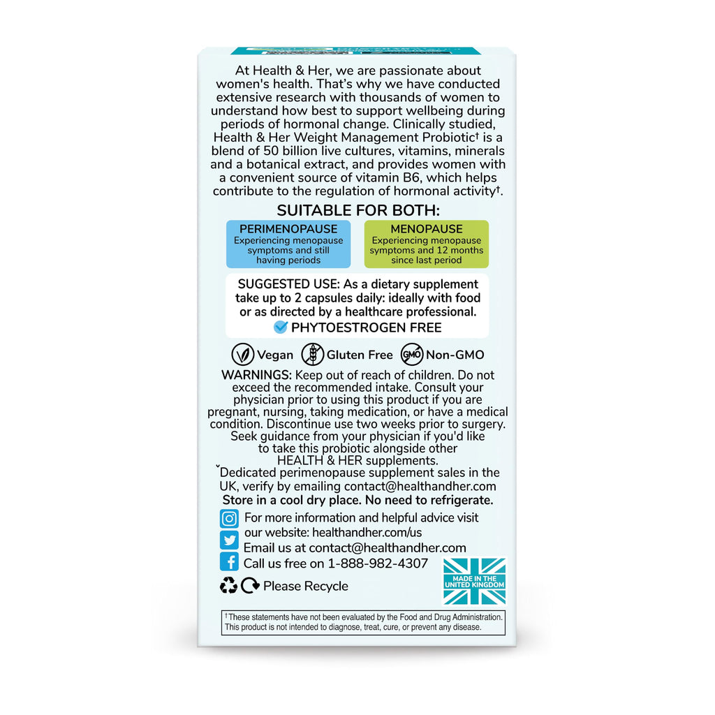 Health & Her Weight Management Probiotics for Women - Perimenopause & Menopause Supplement - Clinically Studied 50bn CFU Probiotics to Support Gut Health, Energy, Mood & Mind, Vegan (60 ct - 1 Month) Health and HerBuy Supplements Australia