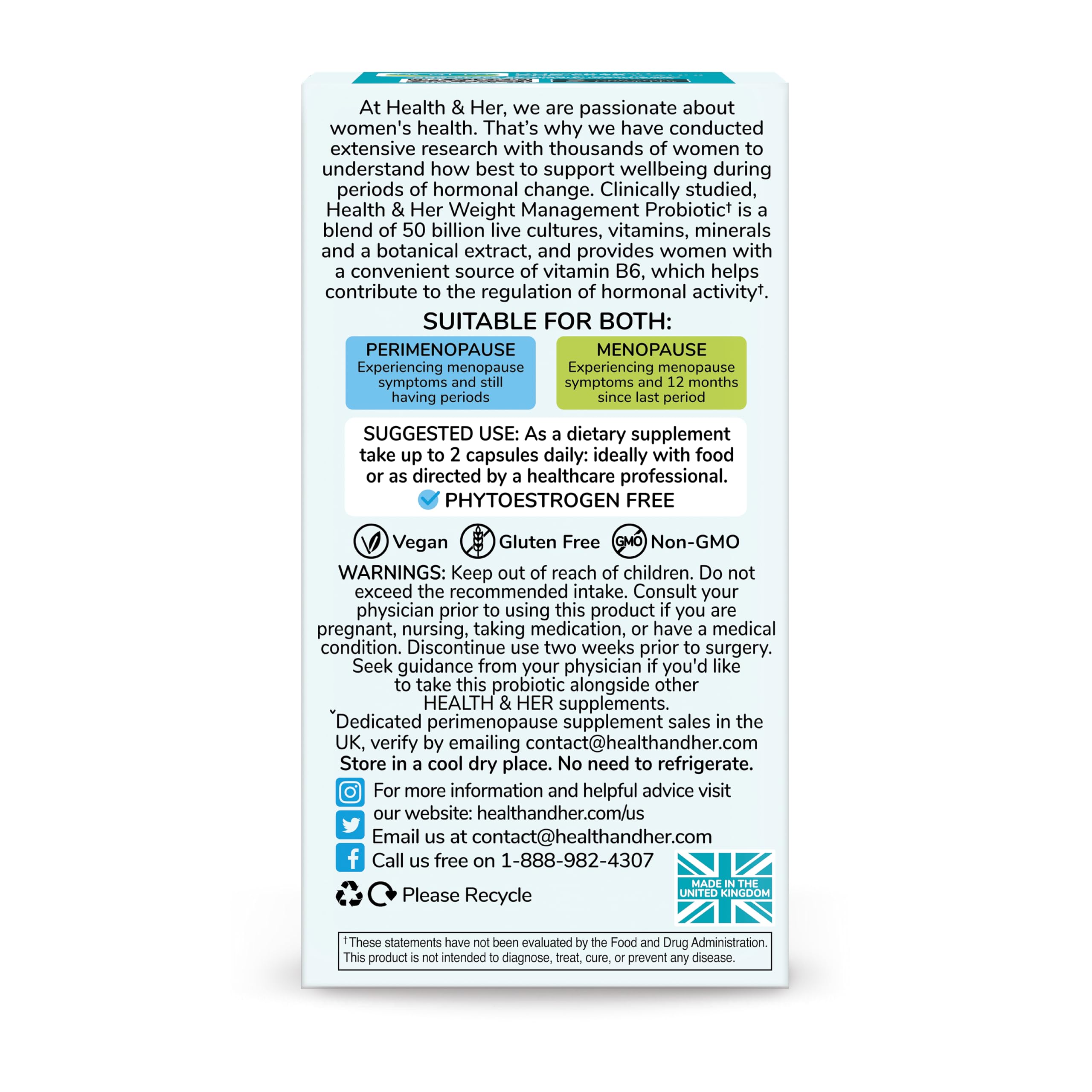 Health & Her Weight Management Probiotics for Women - Perimenopause & Menopause Supplement - Clinically Studied 50bn CFU Probiotics to Support Gut Health, Energy, Mood & Mind, Vegan (60 ct - 1 Month) Health and HerBuy Supplements Australia