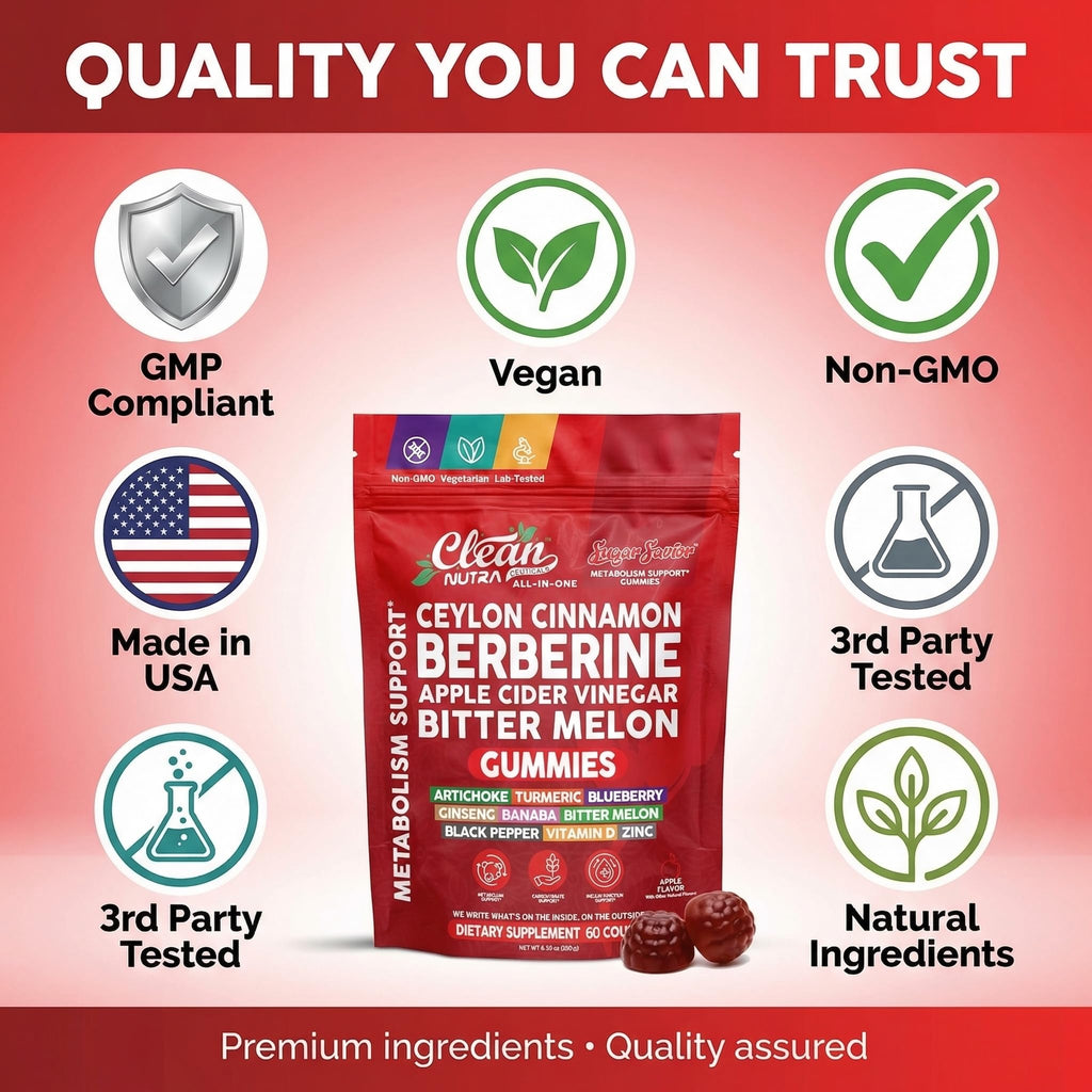 Sugar Savior Ceylon Cinnamon Berberine Gummies Apple Cider Vinegar Artichoke Turmeric Blueberry Ginseng Banaba Bitter Melon Black Pepper Vitamin D Zinc GLP1 Gummies 60 Count by Clean Nutra Clean NutraceuticalsBuy Supplements Australia