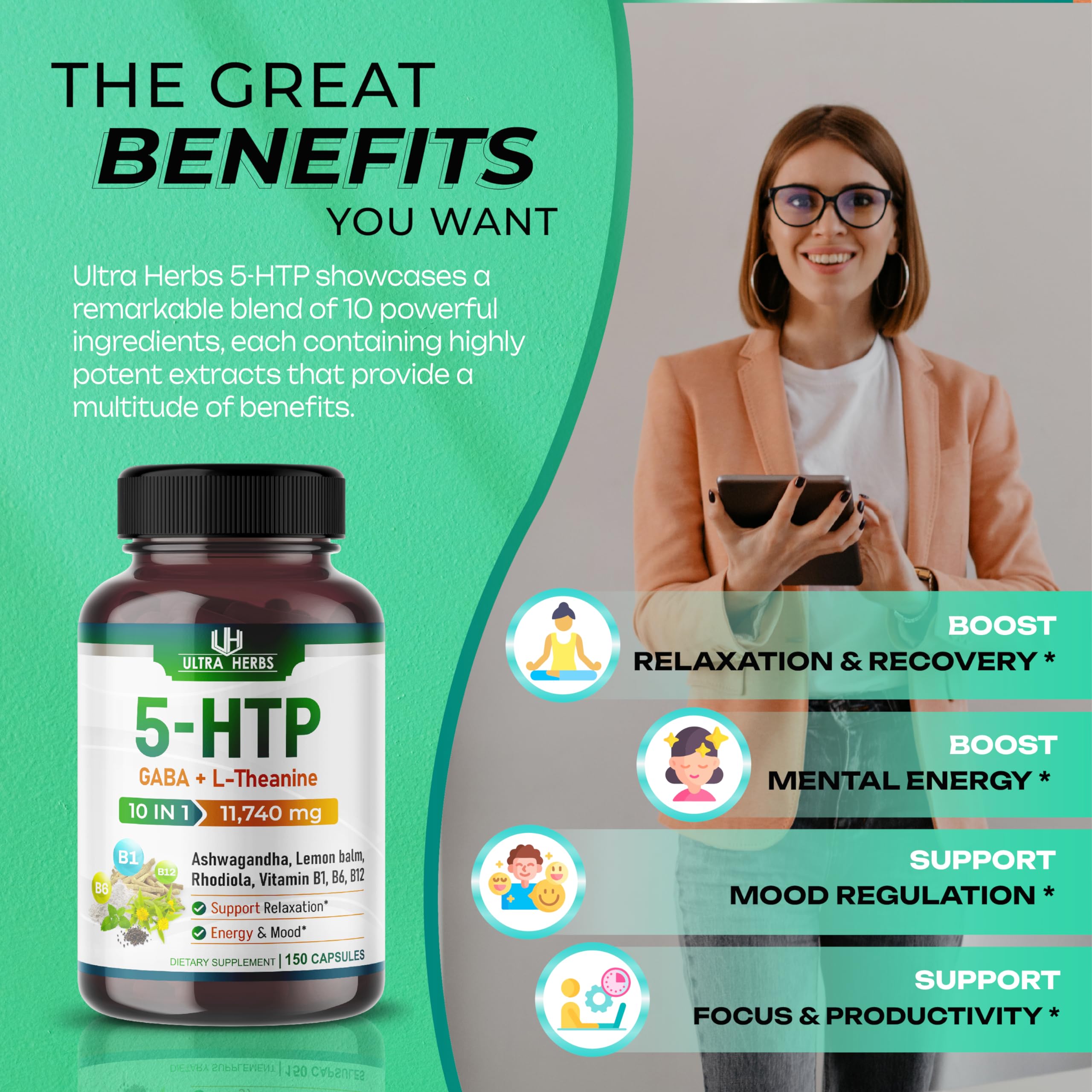 5-HTP Supplement 11,740mg 10 in 1 with GABA, L-Theanine, Ashwagandha, Rhodiola ULTRA HERBSBuy Supplements Australia