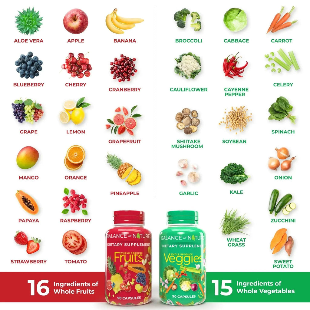 Balance of Nature Fruits & Veggies Supplements - Whole Fruit and Vegetable Ingredients for Women, Men, and Kids - 90 Fruits Capsules, 90 Veggies Capsules - 1 Set Balance of Nature