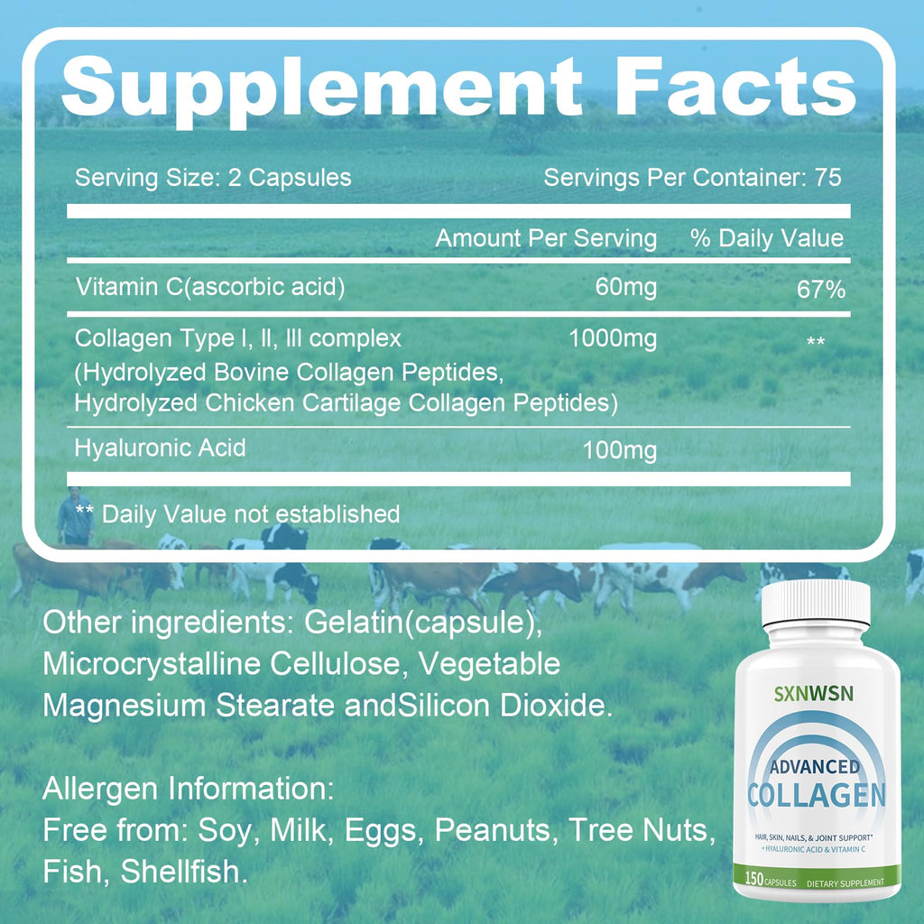 Advanced Multi Collagen Supplement with Vitamin C + Hyaluronic Acid - Hydrolyzed Collagen Peptides Supports for Skin, Joints & Hair* | Collagen Complex 150 Capsules for Women or Men SXNWSNBuy Supplements Australia