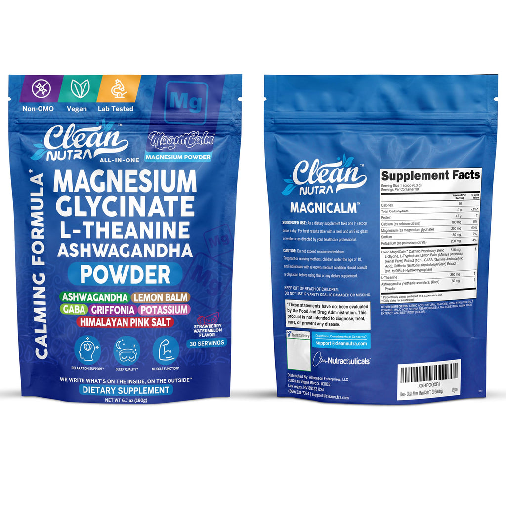 Magnesium Glycinate Powder Supplement + L Theanine Ashwagandha Glycine Apigenin Lemon Balm GABA 5HTP Pink Salt Potassium L Tryptophan Calcium | Powdered Sleep Aid Calm Trace Minerals Vitamin Clean NutraceuticalsBuy Supplements Australia