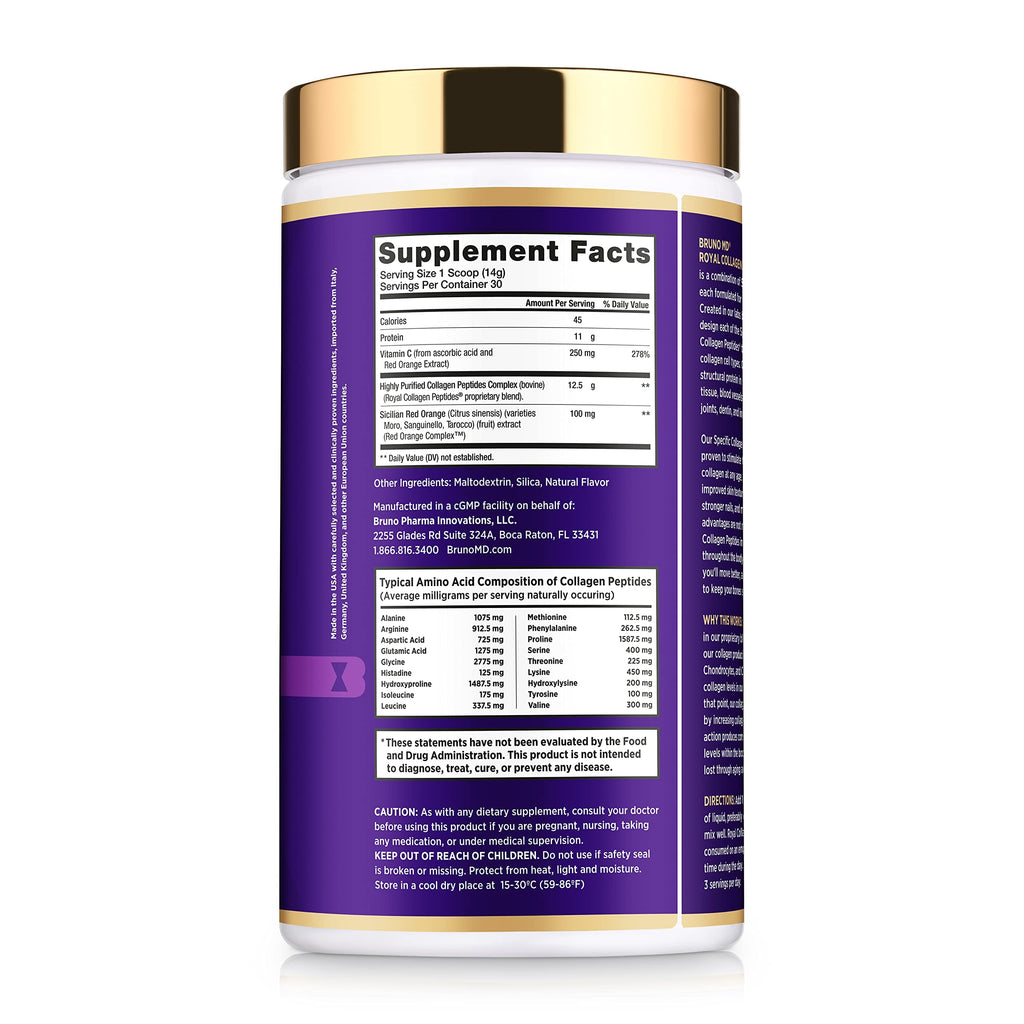 Bruno MD Royal Collagen Peptides, Clinically proven, Dietary Supplement, Improves Skin & Cellulite, European Sourced, Improves the Look of Hair & Nails, Blended with Vitamin C, Bone & Joint Supplement BRUNO MDBuy Supplements Australia