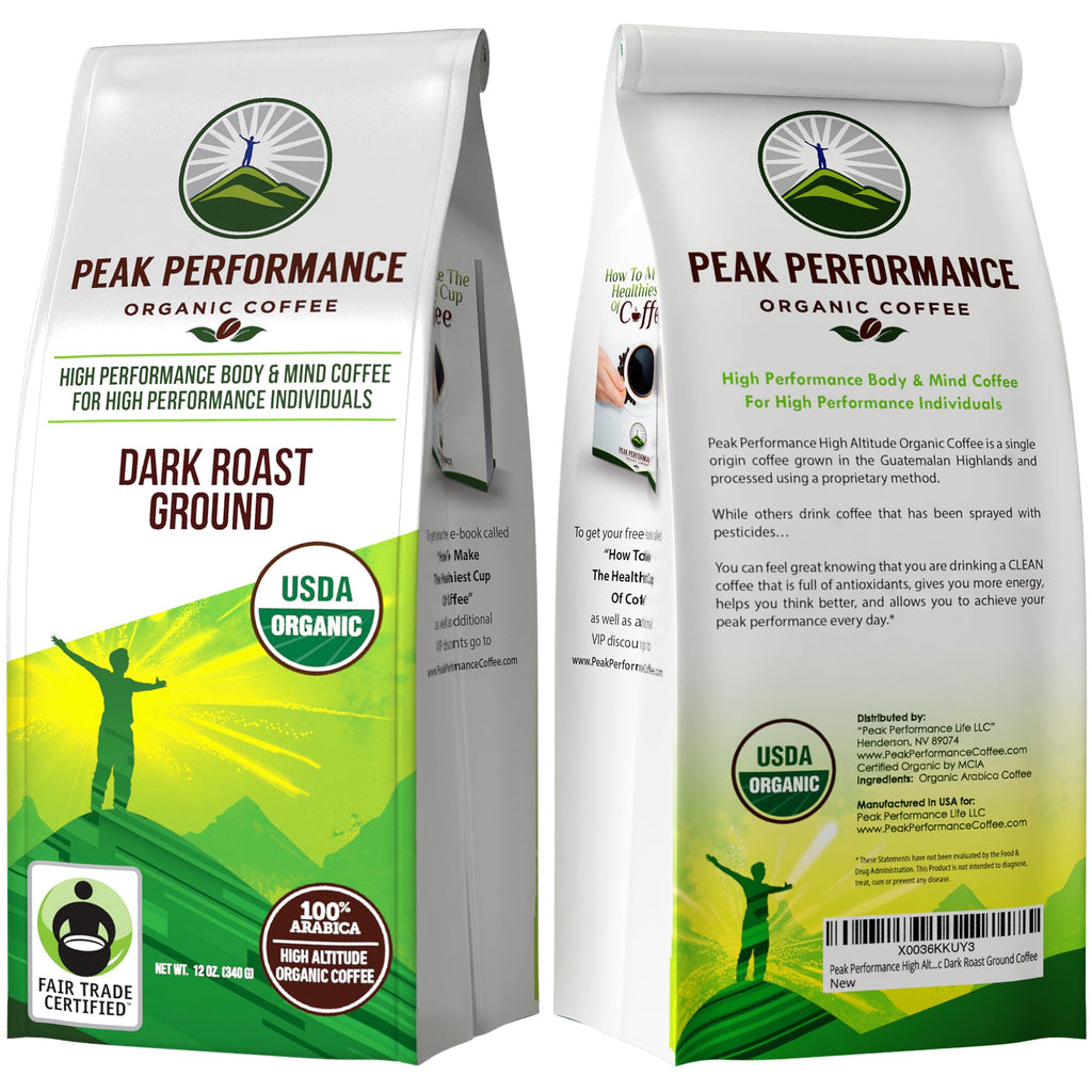 Peak Performance High Altitude Organic Coffee - Fair Trade, Low Acid, Non GMO, and Beans Full of Antioxidants - Dark Roast Smooth Tasting USDA Certified Organic Ground Coffee Bag 12 oz Peak PerformanceBuy Supplements Australia