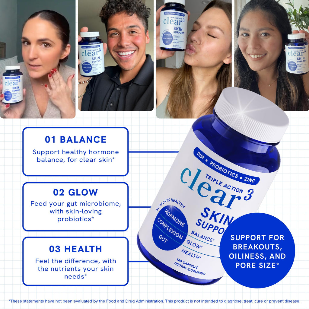 Clear Skin Supplement with Zinc, DIM & Probiotics | 3-in-1 Balance, Glow & Health Skin Support | Triple Action Hyaluronic Acid, Niaciminide & Vitamins for Hormone, Complexion & Gut Support | 180 Ct SMNutritionBuy Supplements Australia