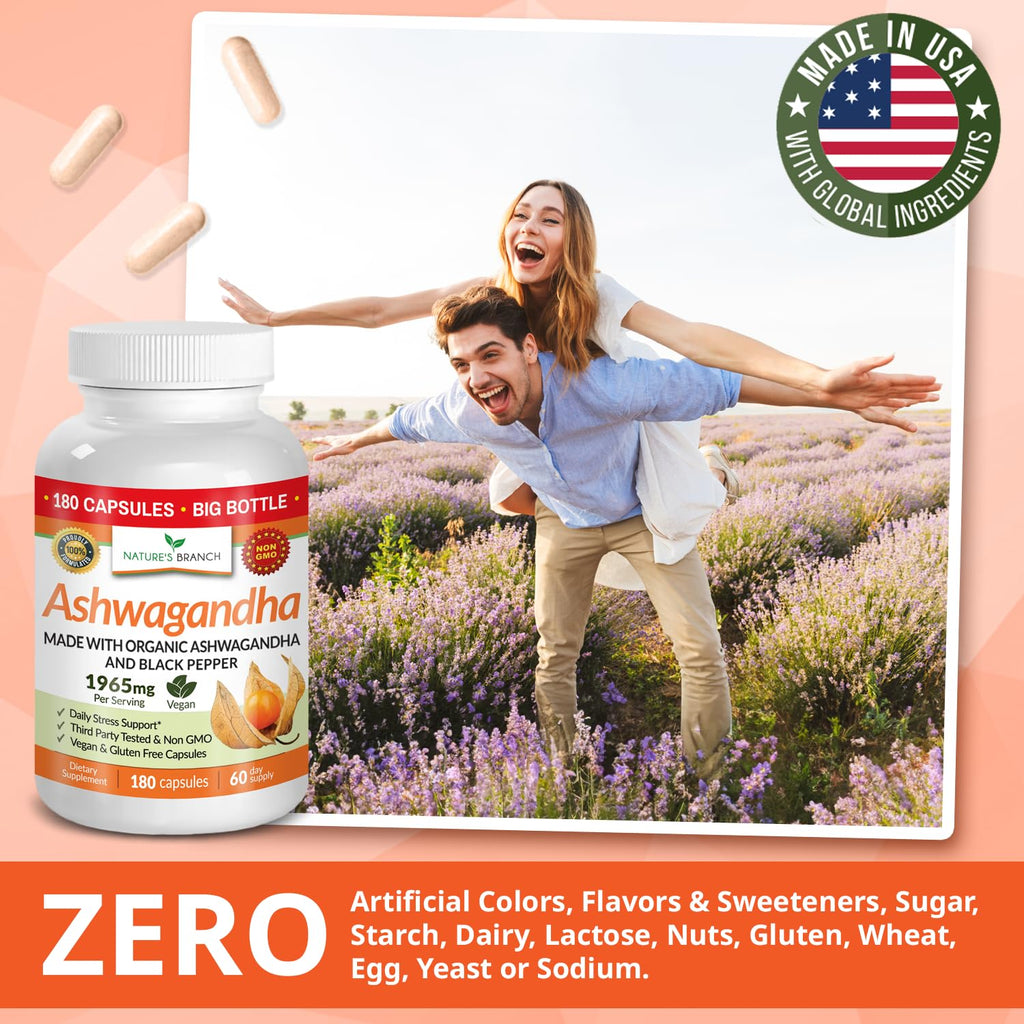 UDAF Certified Organic Ashwagandha with Black Pepper, 1965mg - Extra Strength for Stress, Sleep, Mood, Thyroid, Energy, Hair, Vegan Pure Root Extract Powder Supplement for Men and Women | 180 Capsules NATURE'S BRANCHBuy Supplements Australia