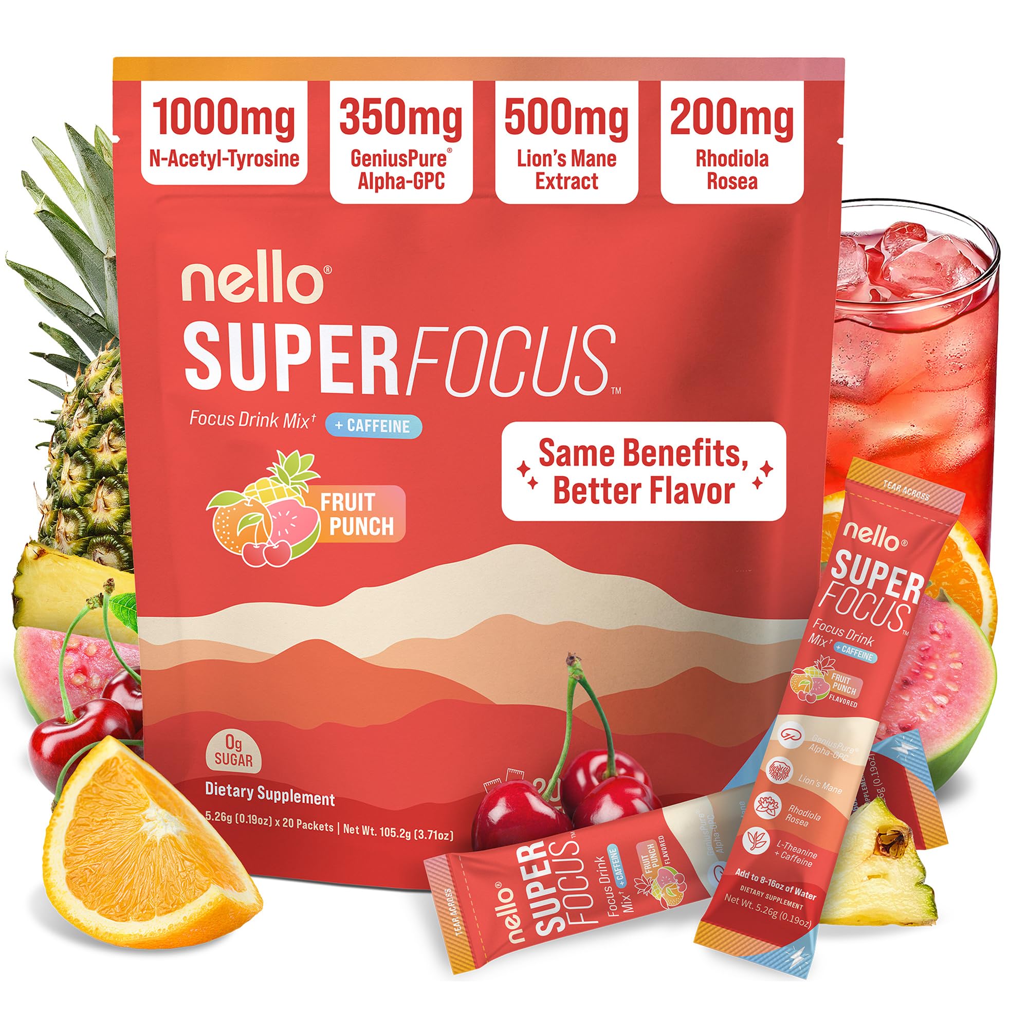 Nello Superfocus – Nootropic Focus Drink Mix for Productivity, Caffeine, L-Theanine, Rhodiola Rosea, Alpha-GPC, Lion’s Mane, Tyrosine, Sugar-Free Packets - With Caffeine (Pack of 20) (20 Servings (Caffeine), Fruit Punch) NelloBuy Supplements Australia