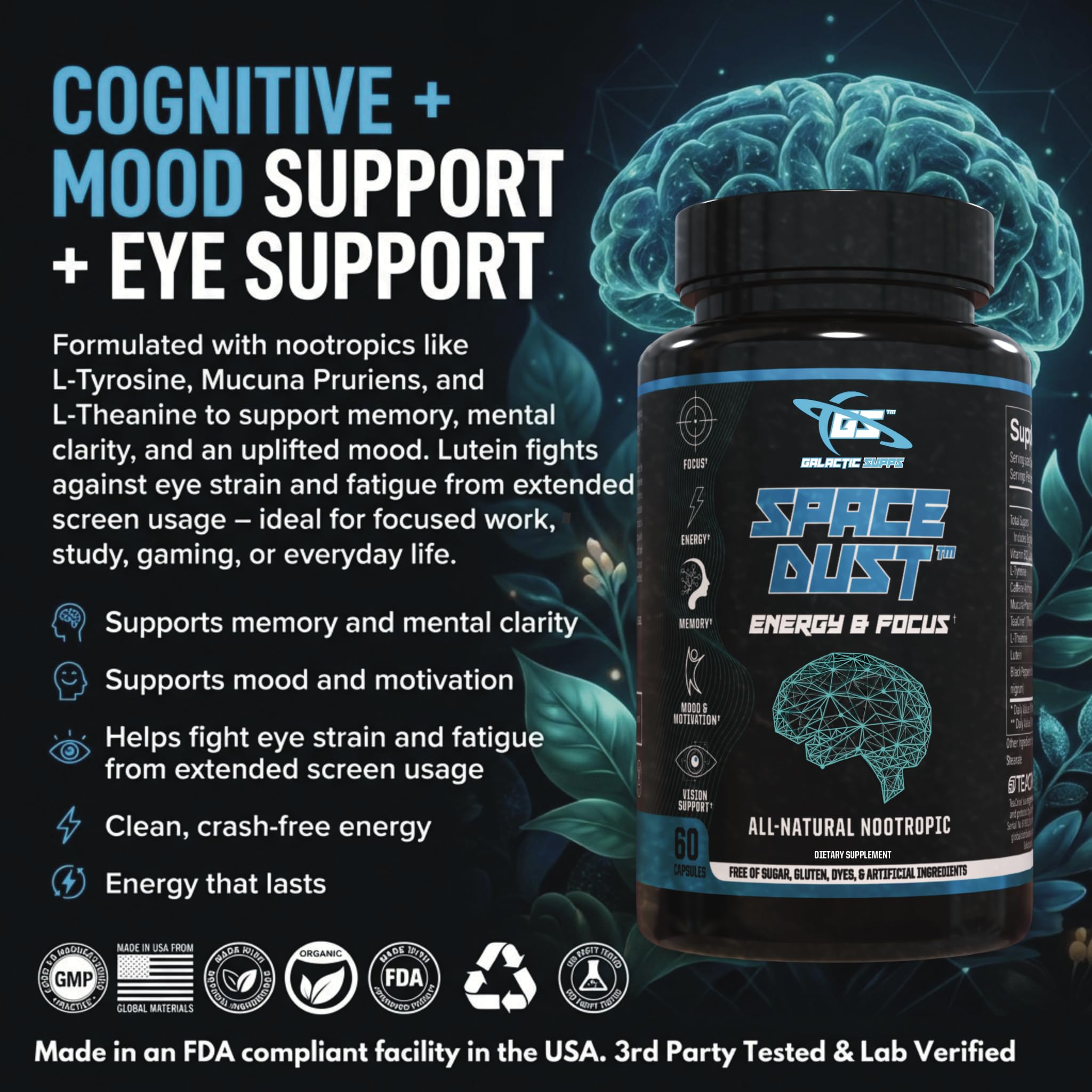 Space Dust Brain Supplements for Memory and Focus – Nootropic Focus Supplement for Brain Health & Mind Boost with TeaCrine, Caffeine, L-Tyrosine, L-Theanine – Cognitive Support Capsules, 60 Count GALACTIC SUPPSBuy Supplements Australia