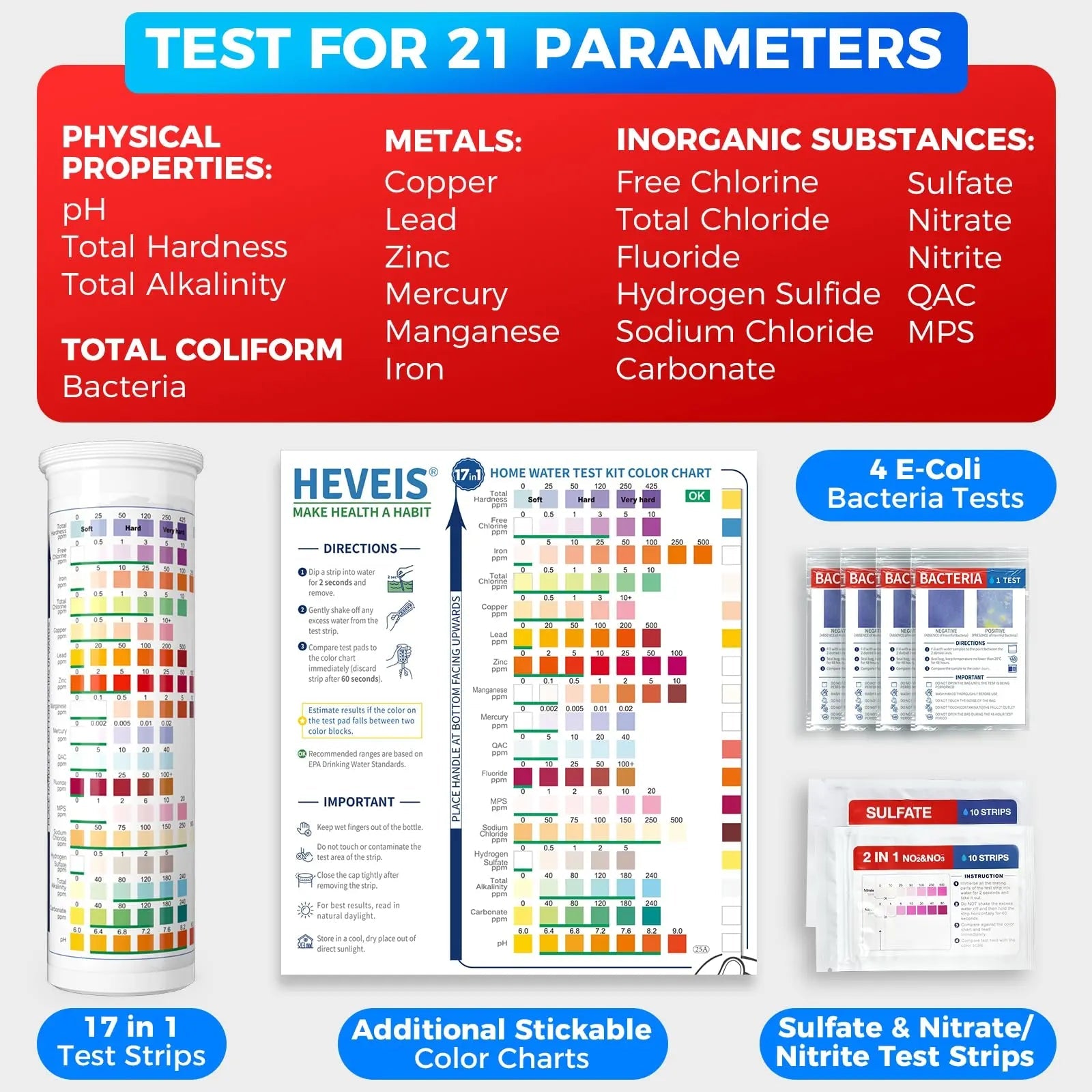 21-in-1 Home Drinking Water Testing Kit - 120 Strips + 4 Bacteria Tests - Tap and Well Water Test Kit, Easy to Test and Read for Hardness, Lead, Iron, Fluoride, pH, Copper, Bacteria and More HEVEISBuy Supplements Australia