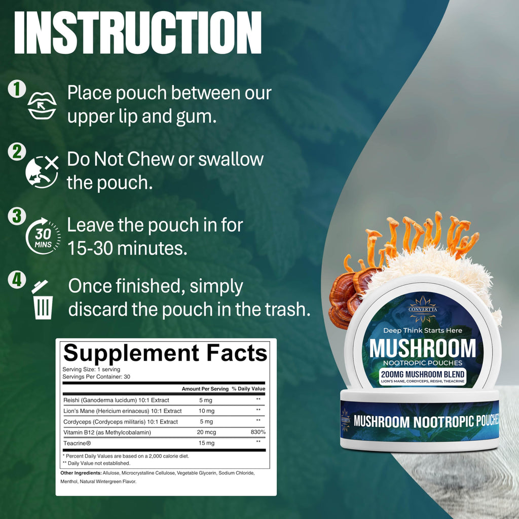 CONVERTTA Mushroom Nootropic Pouches - 200mg Nicotine-Free, Caffeine-Free Organic Mushroom Energy Ultra Pouches with Lion's Mane, Reishi, Cordyceps for Focus & Clean Energy - (6, Cool Mint) CONVERTTABuy Supplements Australia