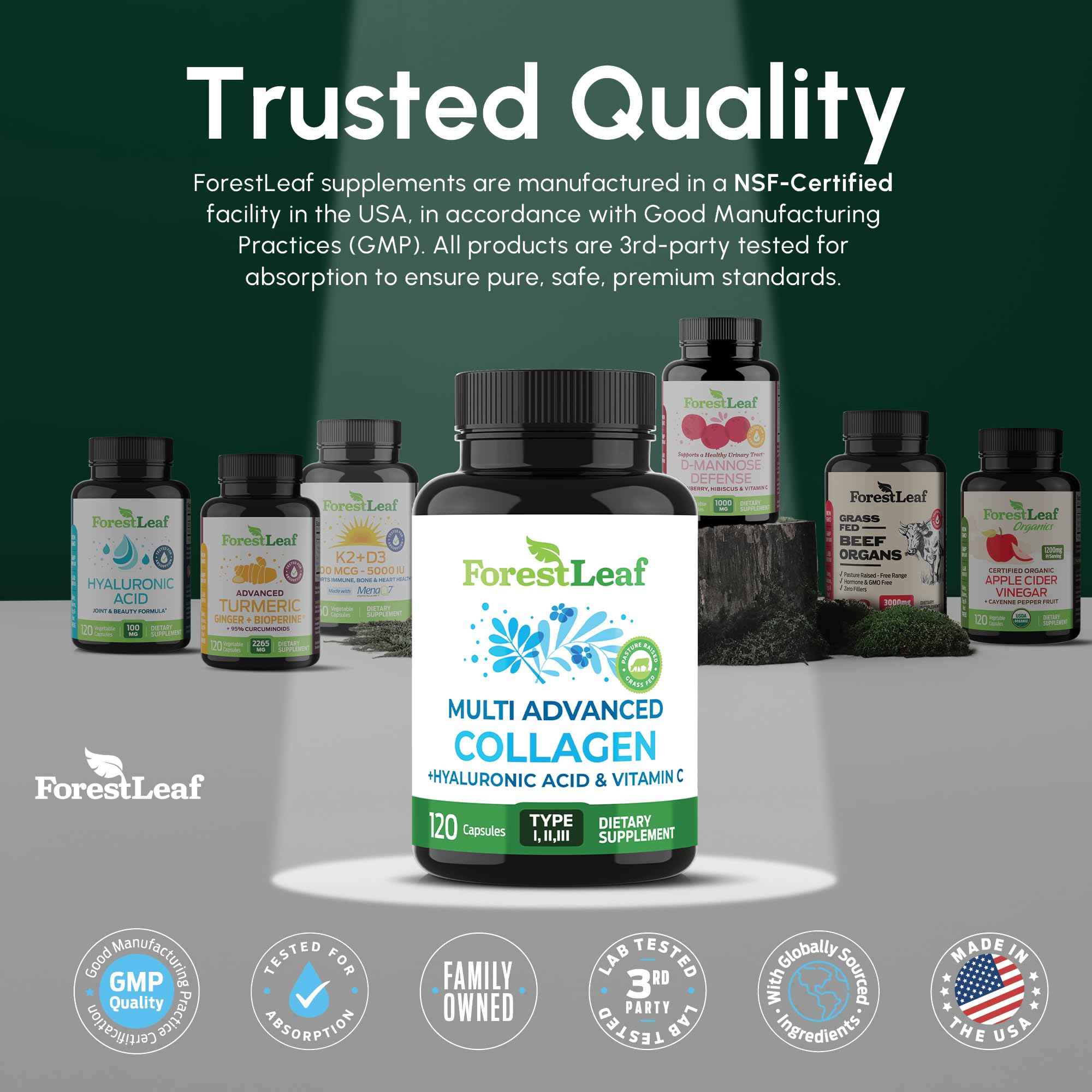 ForestLeaf Multi Collagen Pills with Hyaluronic Acid + Vitamin C | Hydrolyzed Collagen Supplements for Women or Men | Multi Collagen Capsules Peptides for Skin, Wrinkles, 120 Caps ForestLeaf buy supplements Au