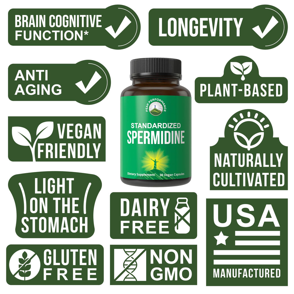 Spermidine Supplement Ultra High Strength Standardized to 99% Spermidine Trihydrochloride. More Potent Than Wheat Germ Extract. Vegan Capsules for Healthy Aging, Longevity. USA Tested Supplements Peak PerformanceBuy Supplements Australia