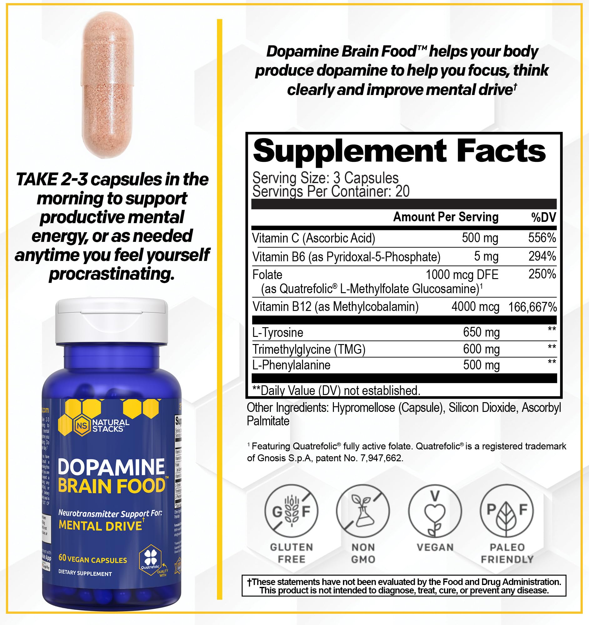 NATURAL STACKS Dopamine Brain Food - 650mg L-Tyrosine Supplement - Dopamine Supplement for Focus & Mental Drive - Supports Mental Energy - Neurotransmitter Support with B Vitamins - 60 Capsules NATURAL STACKSBuy Supplements Australia