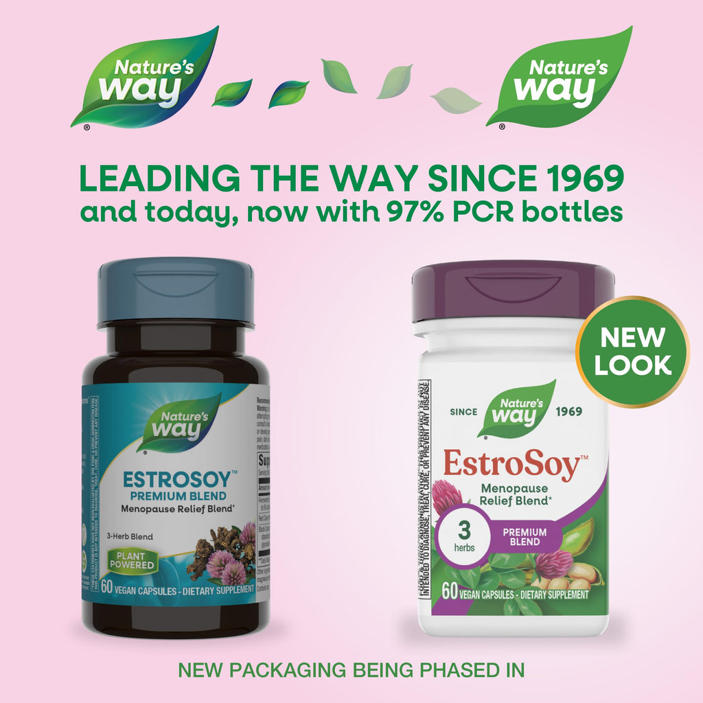 Nature's Way EstroSoy, Menopause Relief Blend*, Helps Relieve Menopausal Symptoms*, Black Cohosh, Fermented Soy Extracts, Red Clover, 60 Vegan Capsules (Packaging May Vary) Nature's WayBuy Supplements Australia